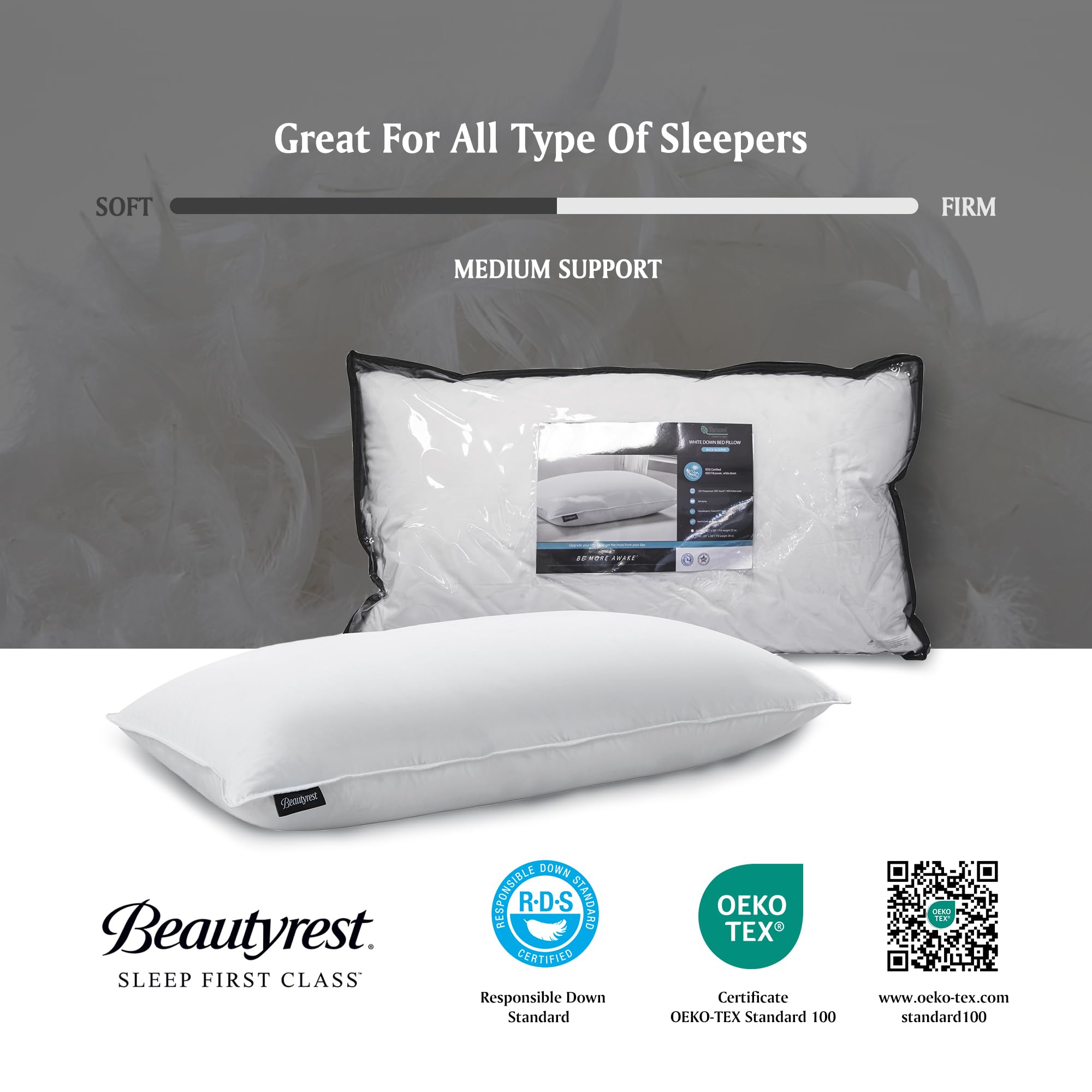 Beautyrest Hypoallergenic White Down Pillow with Tencel/Cotton Blend Cover - Cooling & Breathable King Size Bed Pillow (36