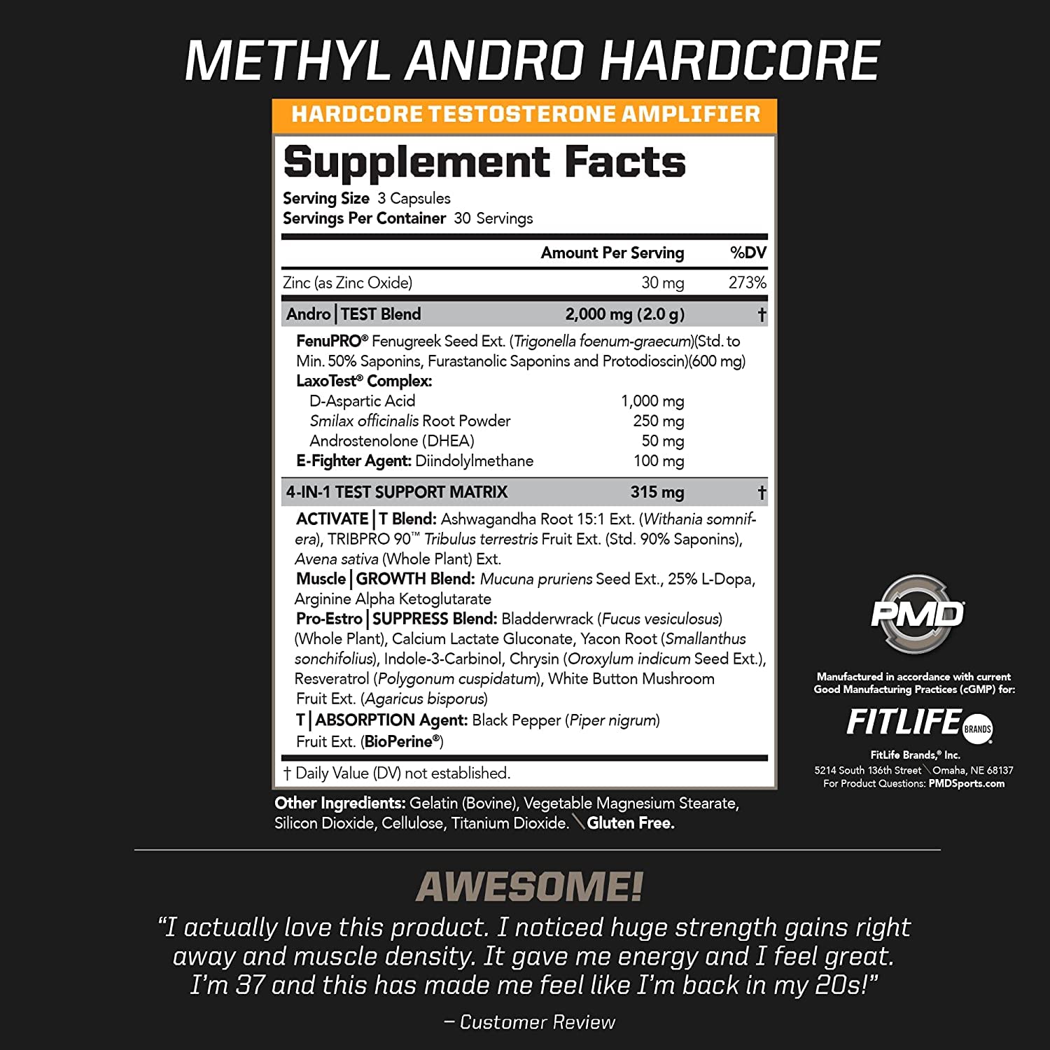 PMD Methyl Andro Hardcore - Testosterone Booster for Lean Muscle Growth & Strength - Weightlifting & Workout Performance Enhancer - 90 Capsules Dietary Supplement - Ideal for Bodybuilding, Fitness Training & Athletic Performance