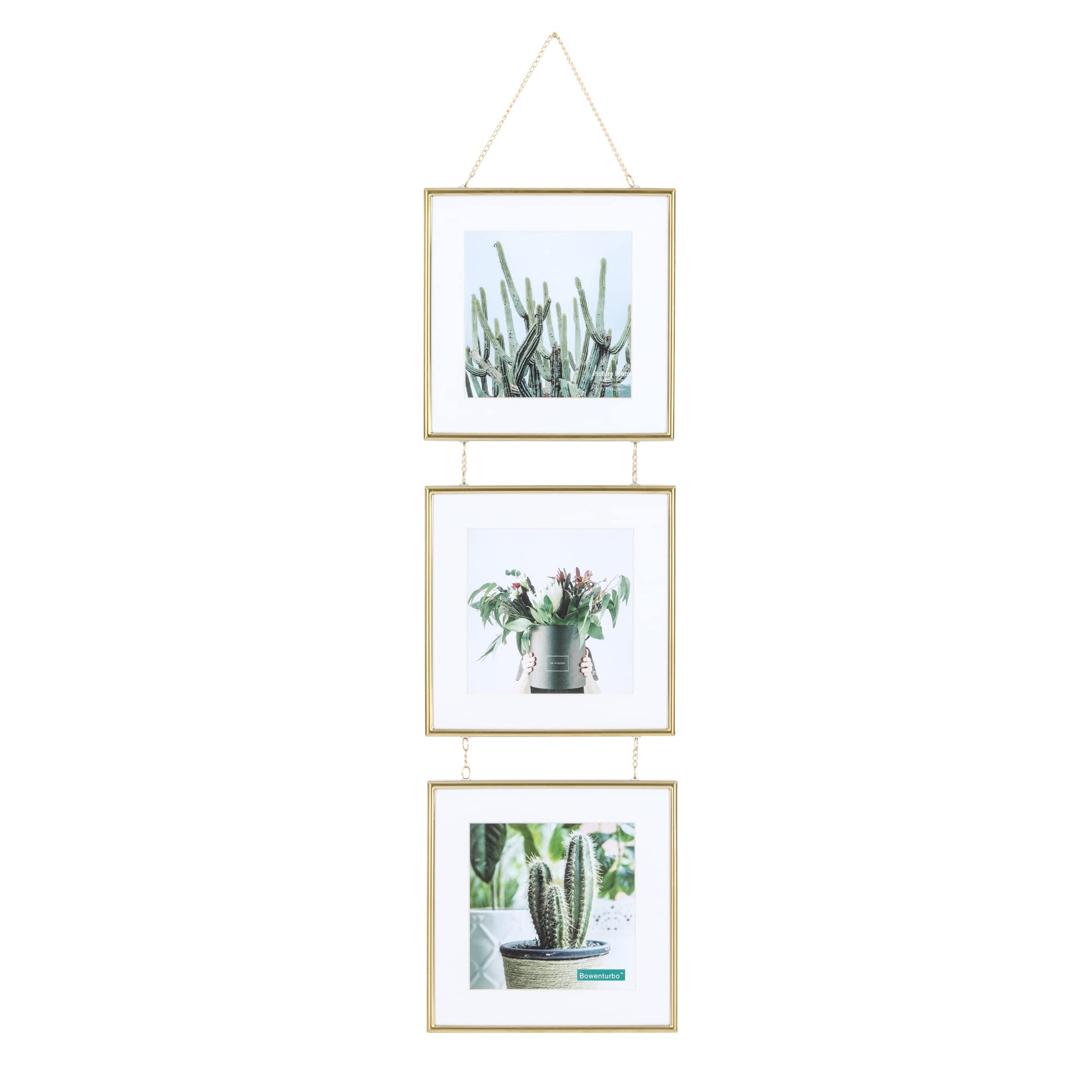 Brushed Gold Metal Picture Frame - 3 Opening Wall Mounted Photo Display with 7x7 Frames (5x5 with Mat) - Perfect for Living Room, Bedroom & Office Decor