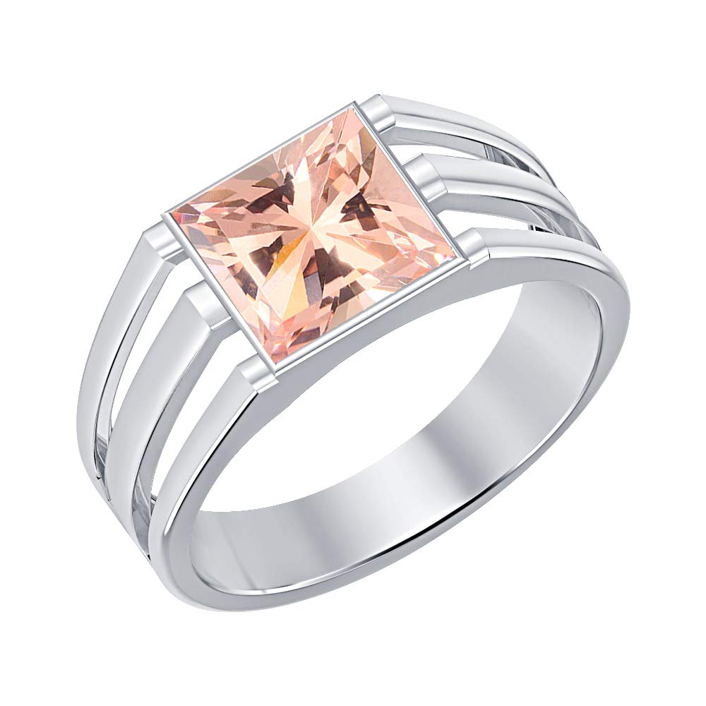14K White Gold Plated Solitaire Princess Cut Morganite Men's Wedding Band & Engagement Ring - Perfect for Proposals, Anniversaries & Special Occasions