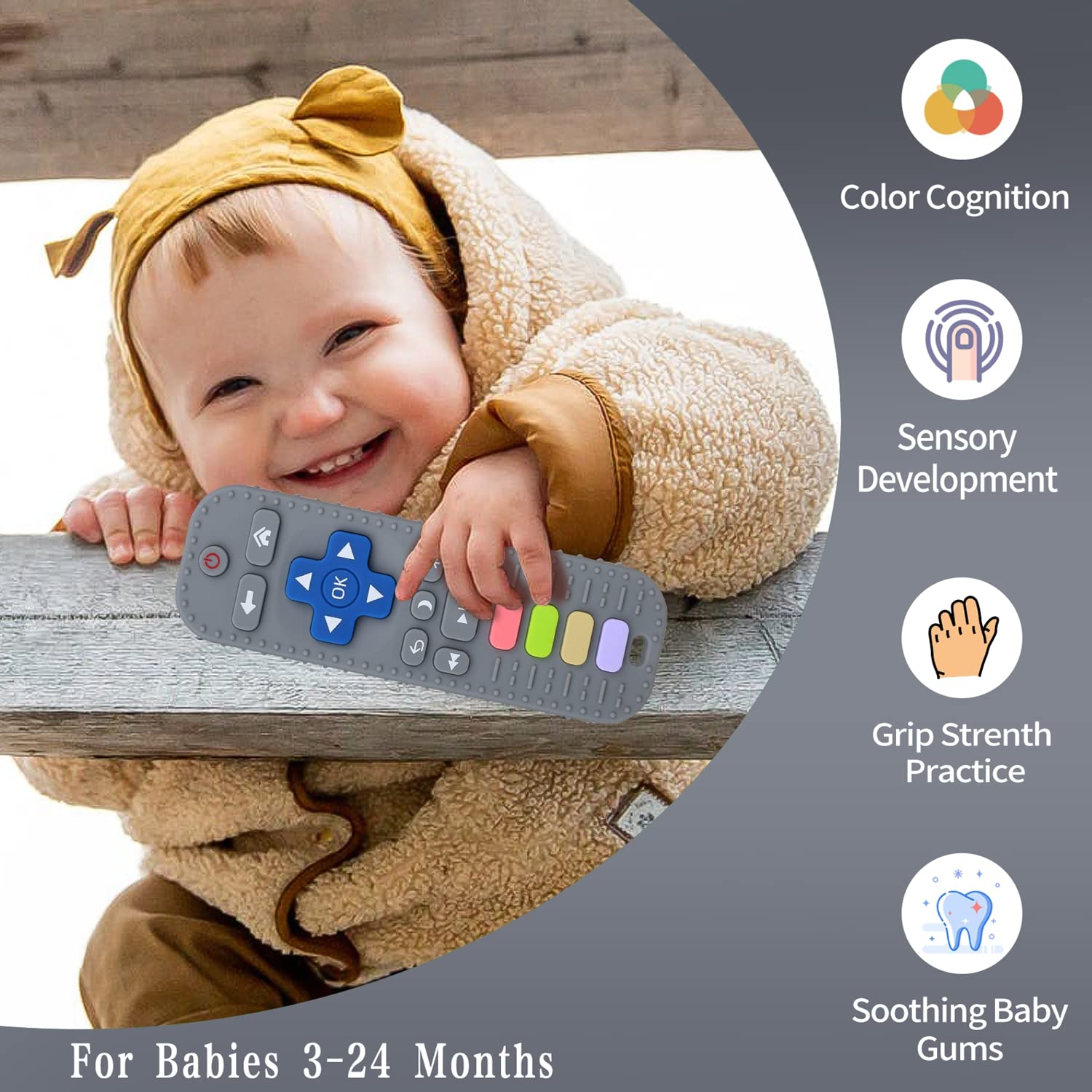 **Baby Silicone Teething Toys for Infants & Toddlers - BPA-Free Remote Control Shape Chew Toy for Soothing Sore Gums | Sensory Teether for Baby Shower Gift & Daily Comfort (Grey)**    *(Perfect for home, travel, daycare, and on-the-go teething relief!)*