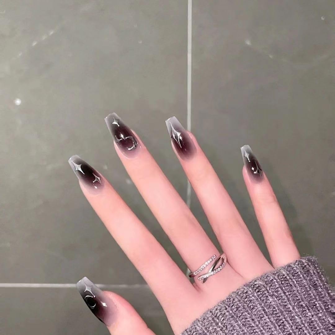 24PCS Grey Black Press on Nails Medium Length - Glossy White Silver False Nails with Star Moon Blush Designs - Full Cover Glue on Artificial Acrylic Fingernails for Women & Girls - Perfect for Parties, Weddings, and Daily Wear