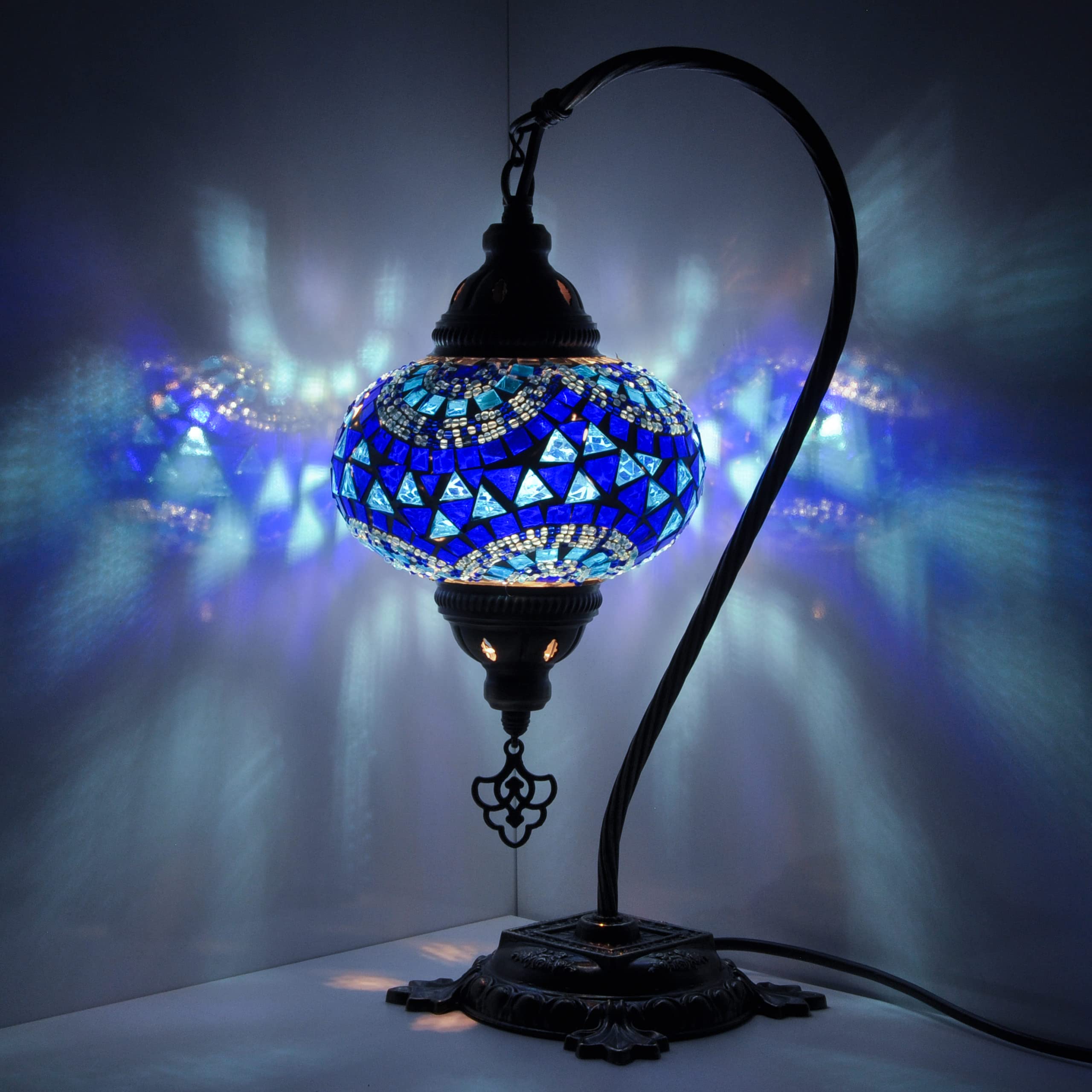 Handmade Turkish Mosaic Table Lamp with Bronze Base - Moroccan Style Tiffany Swan Neck Bedside Lamp with LED Bulb | Perfect for Living Room, Bedroom Decor & Romantic Ambiance Lighting