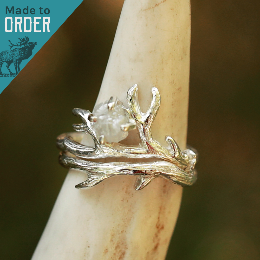 2 Sets Sterling Silver Twig Antler Engagement Rings with Raw Diamonds - Elegant Wedding Bands for Nature-Inspired Bridal Jewelry & Romantic Proposals