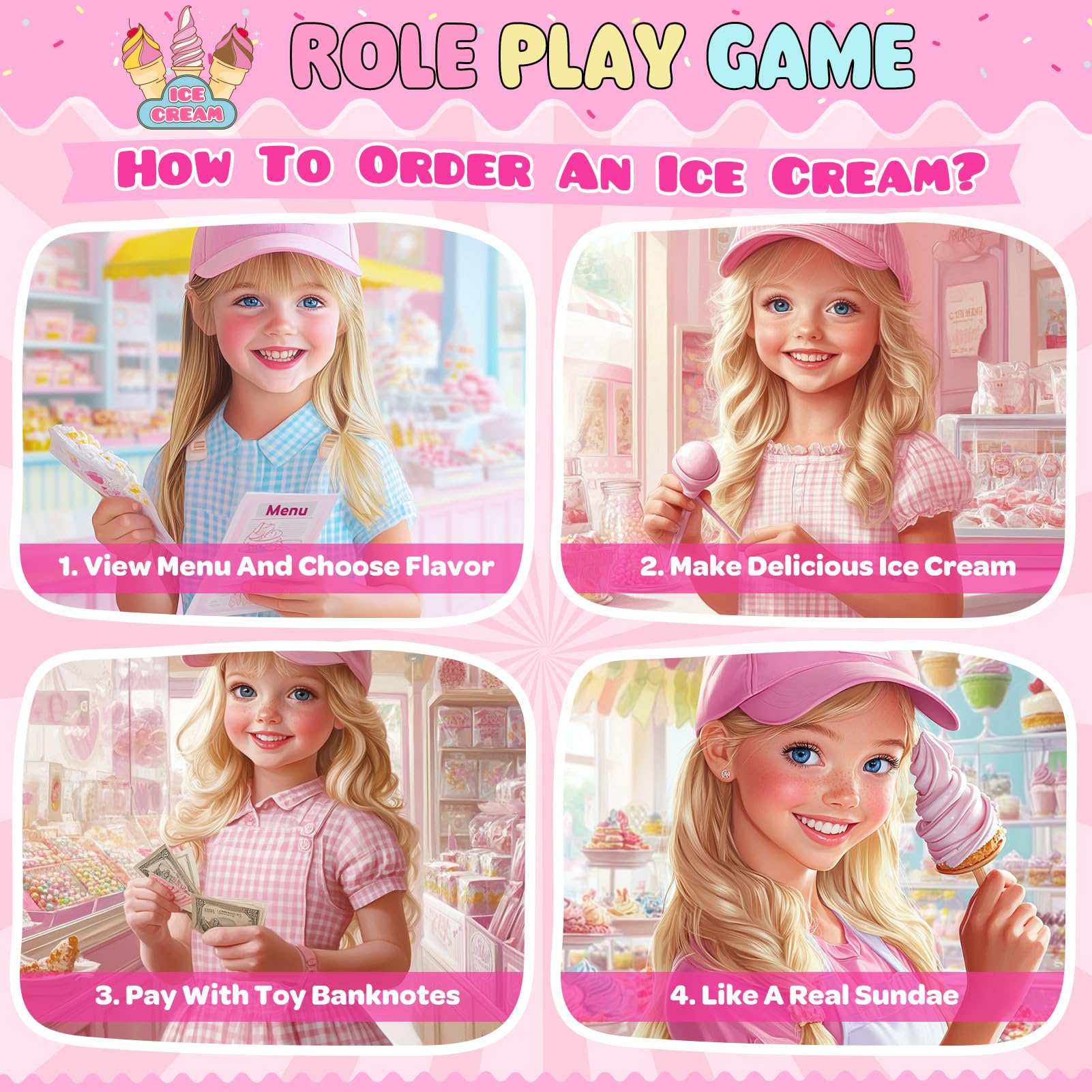 INNOCHEER Wooden Ice Cream Play Set - Pretend Play Kitchen Toys for Toddlers, Ice Cream Shop Playset with Scoop & Toppings - Educational Toys for 3 4 5 6 7 8 Year Old Boys Girls - Perfect for Birthday Gifts & Role Play Learning