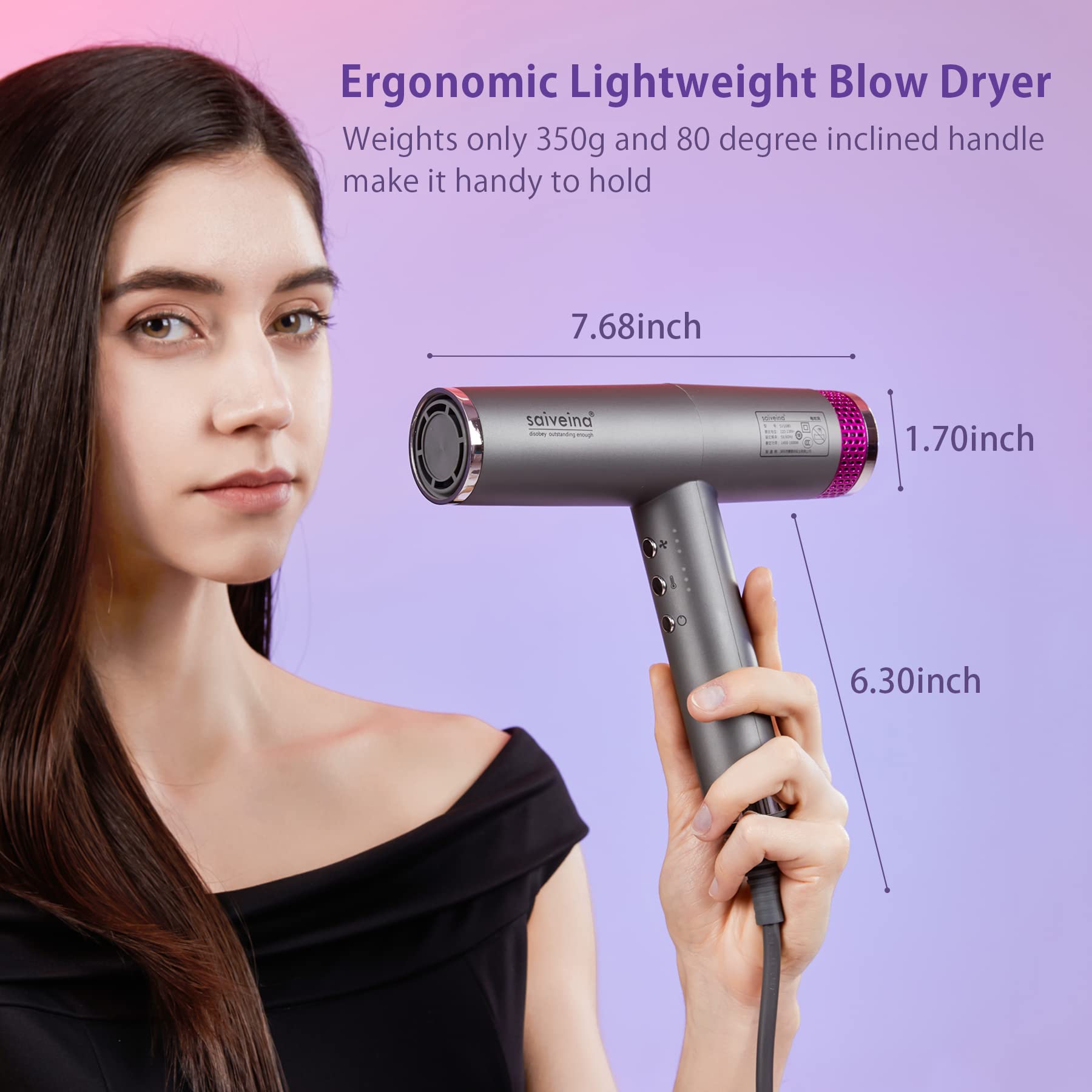 Professional Ionic Hair Dryer - High Speed Brushless Blow Dryer with Diffuser & 2 Nozzles | Lightweight, UL ALCI Safety Plug, Constant Temperature & Negative Ion Technology for Healthy Hair Care | Perfect for Home Use, Salon Styling & Travel