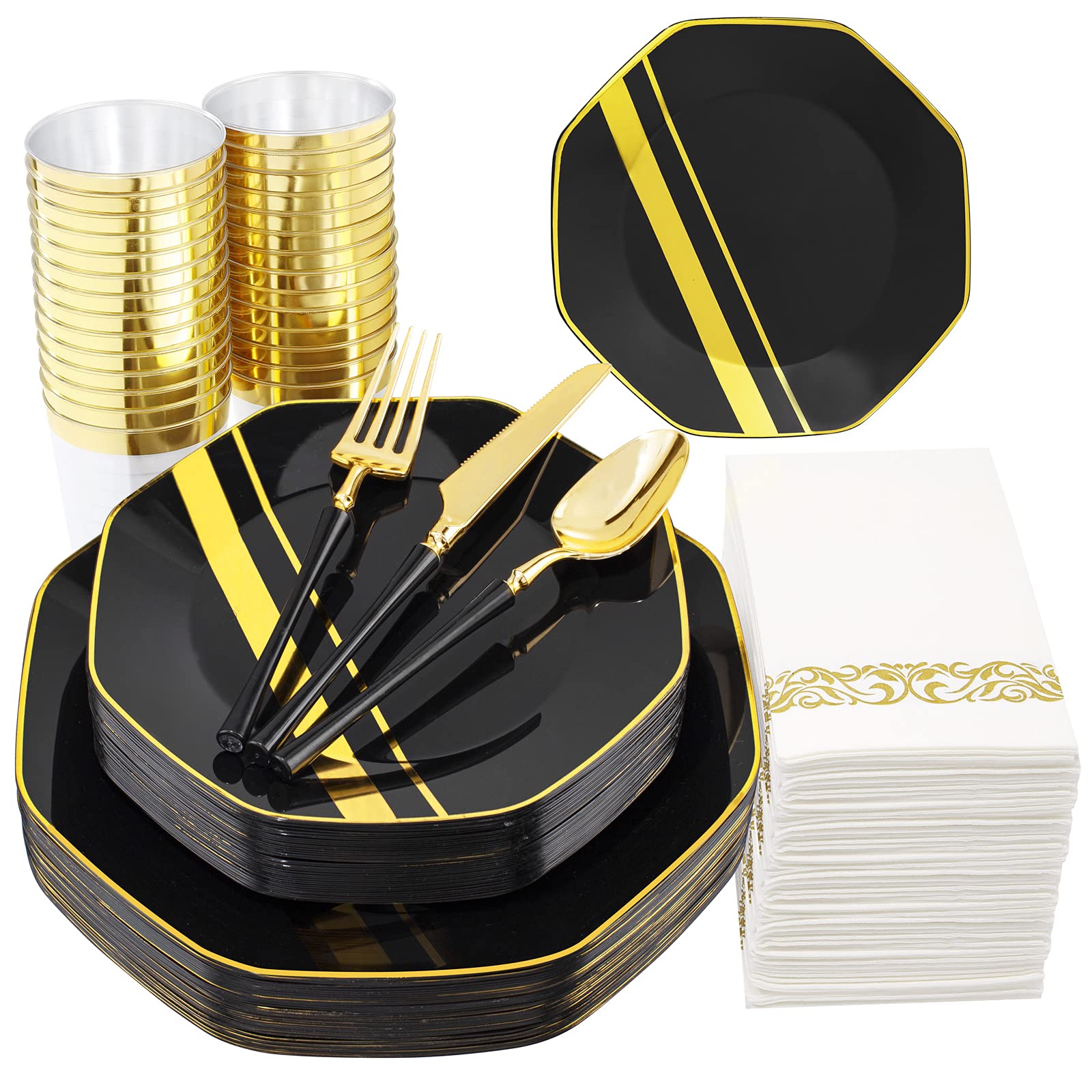 WDF 20-Piece Halloween Party Supplies Set - Black & Gold Plastic Plates, Napkins, Silverware & Cups for Spooky Celebrations | Perfect for Halloween Parties, Trick-or-Treat Events & Themed Gatherings
