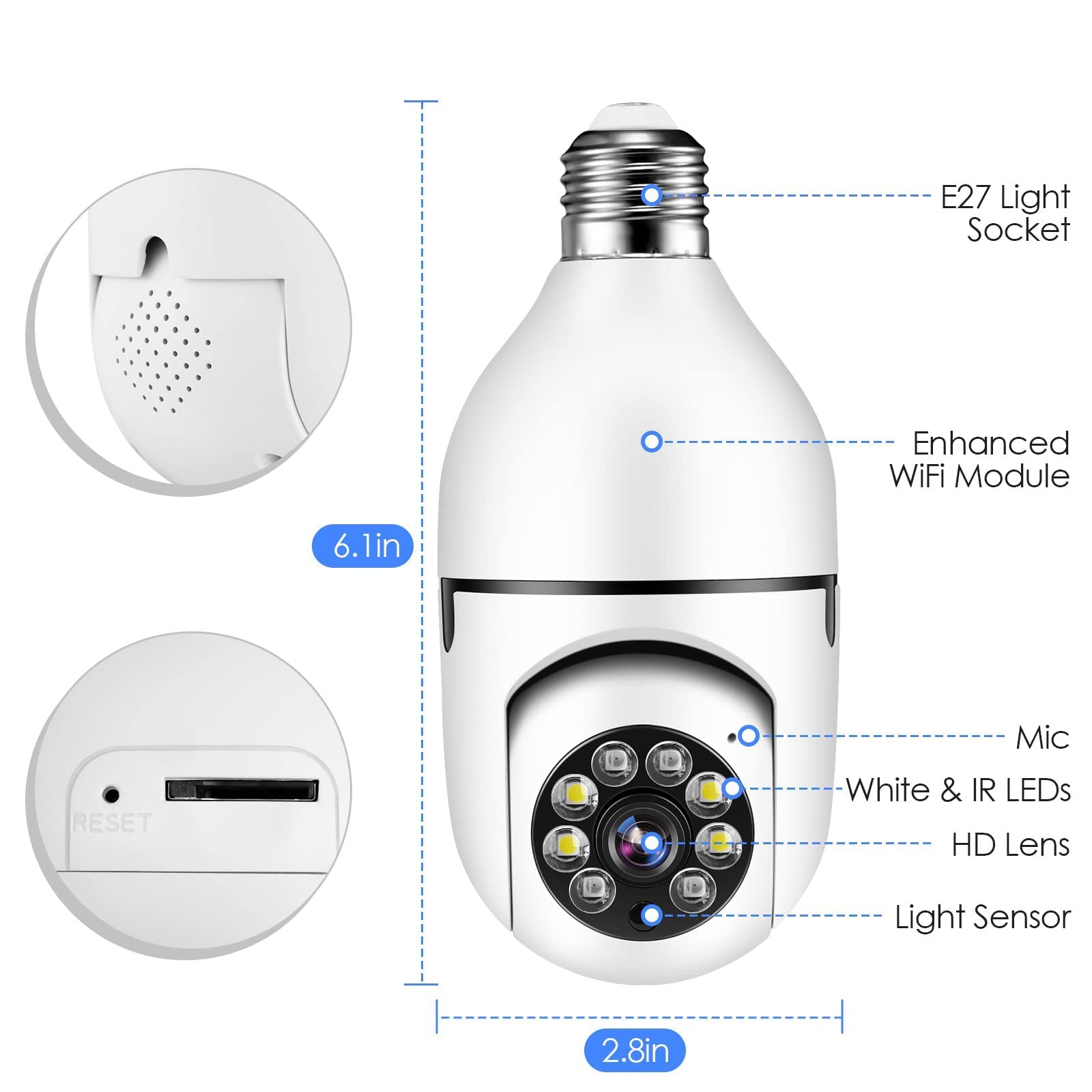 Smart Light Bulb Security Camera - 1080P HD Wireless WiFi E27 Bulb Camera with Night Vision & 2-Way Audio - Indoor/Outdoor Home Surveillance for Baby Monitor, Pet Camera & Security System