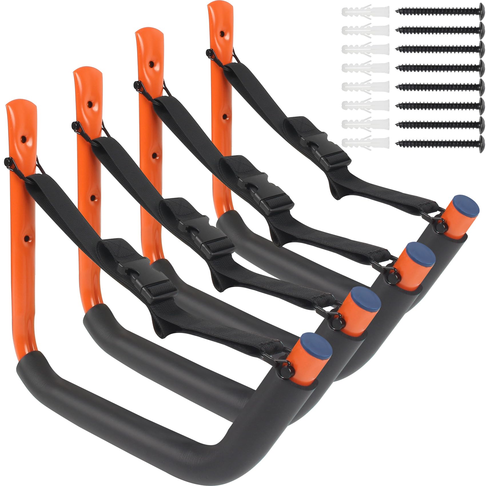 Heavy Duty Kayak Storage Rack for Garage Wall Mount - 4 Pack Kayak Hanger with Nylon Straps - Universal Kayak & SUP Paddle Board Holder (6 Color Options) - Perfect for Garage, Shed, or Outdoor Kayak Organization