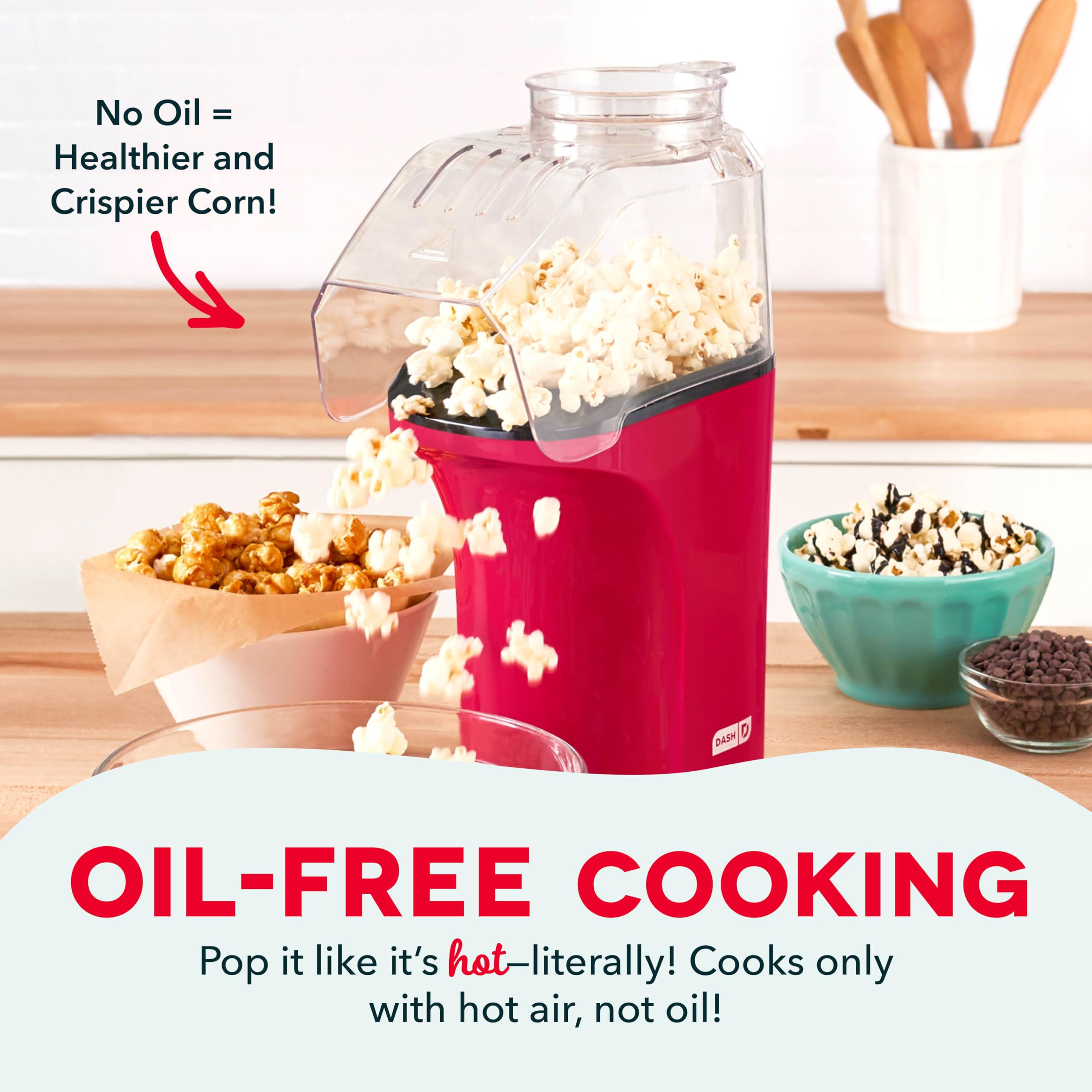 DASH Hot Air Popcorn Maker Machine - Healthy Snack Maker with Measuring Cup & Butter Melter - Makes 16 Cups - Perfect for Movie Nights, Parties & Family Snacking - Red