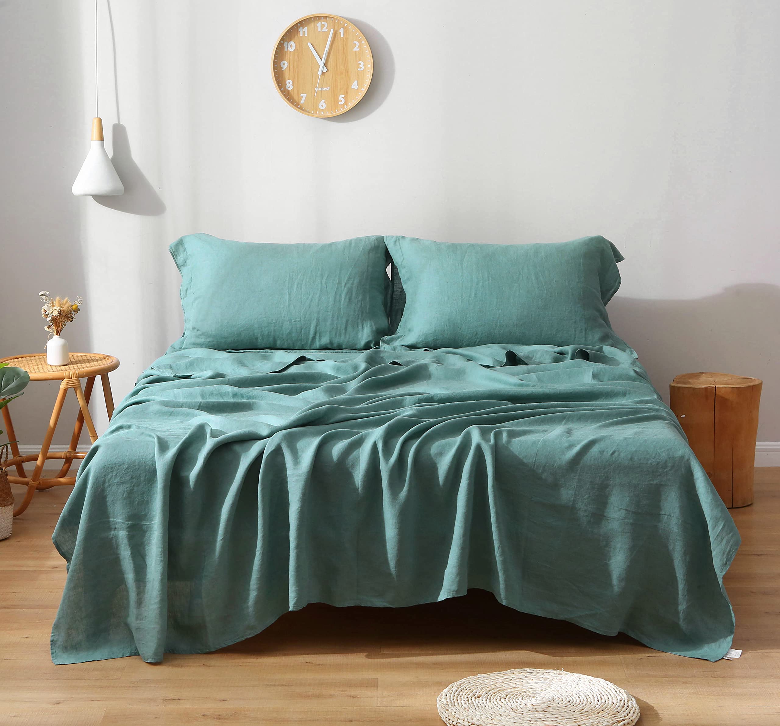 100% French Natural Linen Bedding Set - Stone Washed 4-Piece Sheet Set with Flange Pillowcases | Breathable, Durable & Hypoallergenic | Perfect for Master Bedroom, Guest Room & Vacation Homes (Full/Queen Size, Light Seagreen)