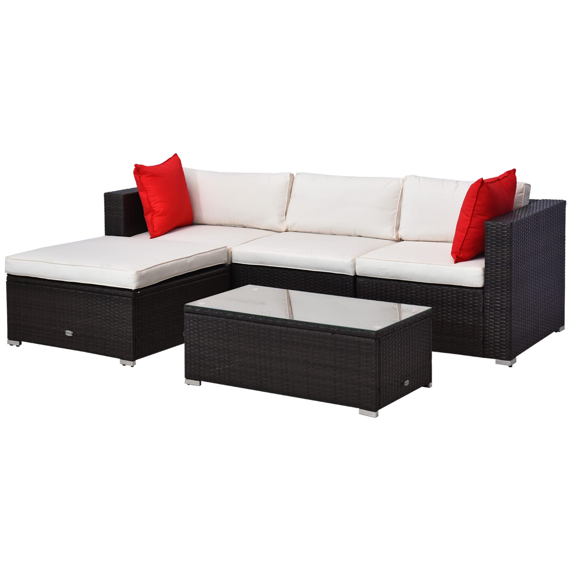 Outsunny 5-Piece Patio Furniture Set with Cushions & Glass Coffee Table - PE Rattan Wicker Sectional Sofa Set with Pillows for Garden, Backyard, Poolside (Brown/Cream White) - Perfect for Outdoor Relaxation & Entertaining