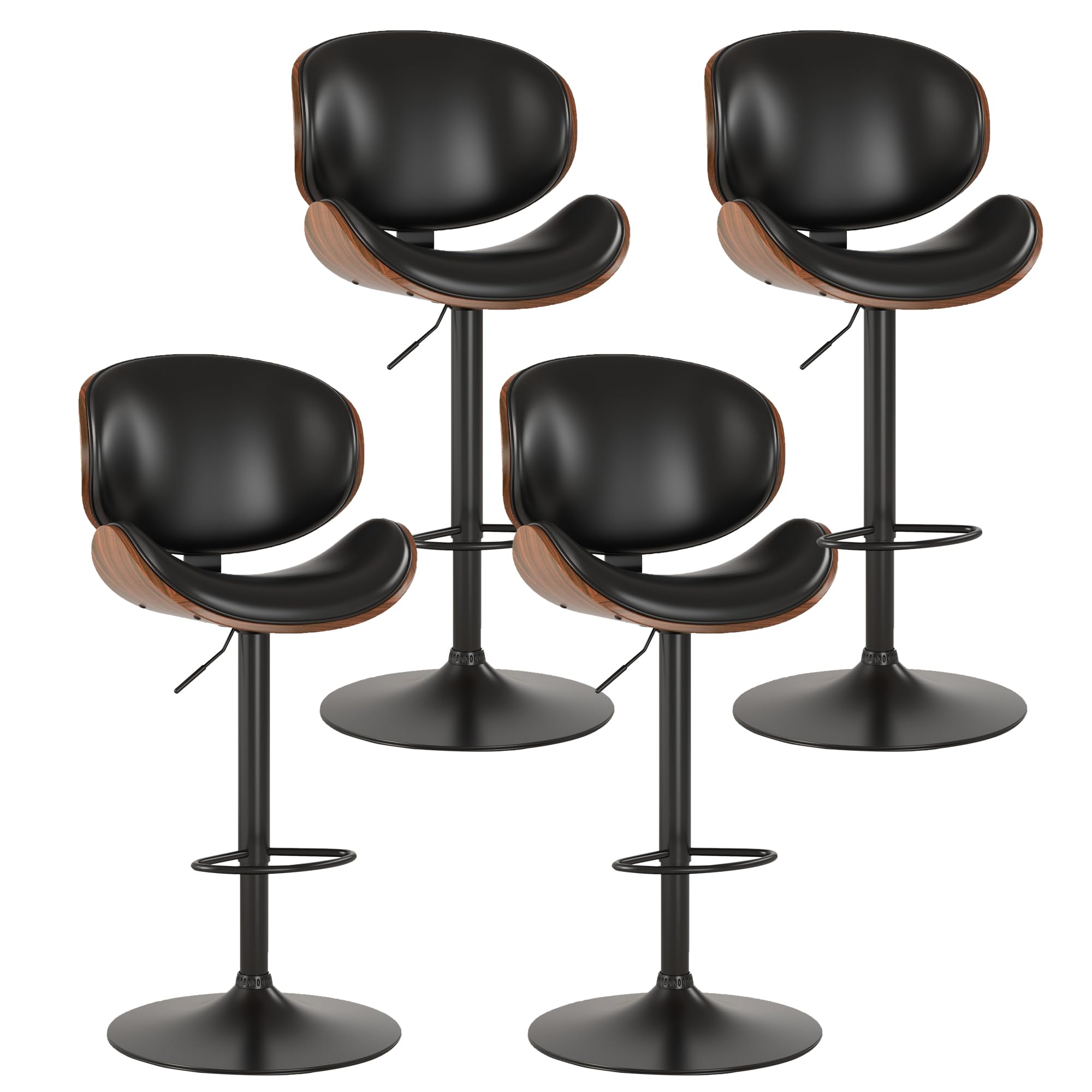 KCC Bar Stools Set of 4 - Adjustable Height Swivel Bar Stools with PU Leather Upholstery & Footrest - Modern Bentwood Bar Chairs for Kitchen Island, Home Bar, Dining Room & Breakfast Nook (Black PU Leather) - Perfect for Entertaining, Casual Dining & Kitchen Counter Seating