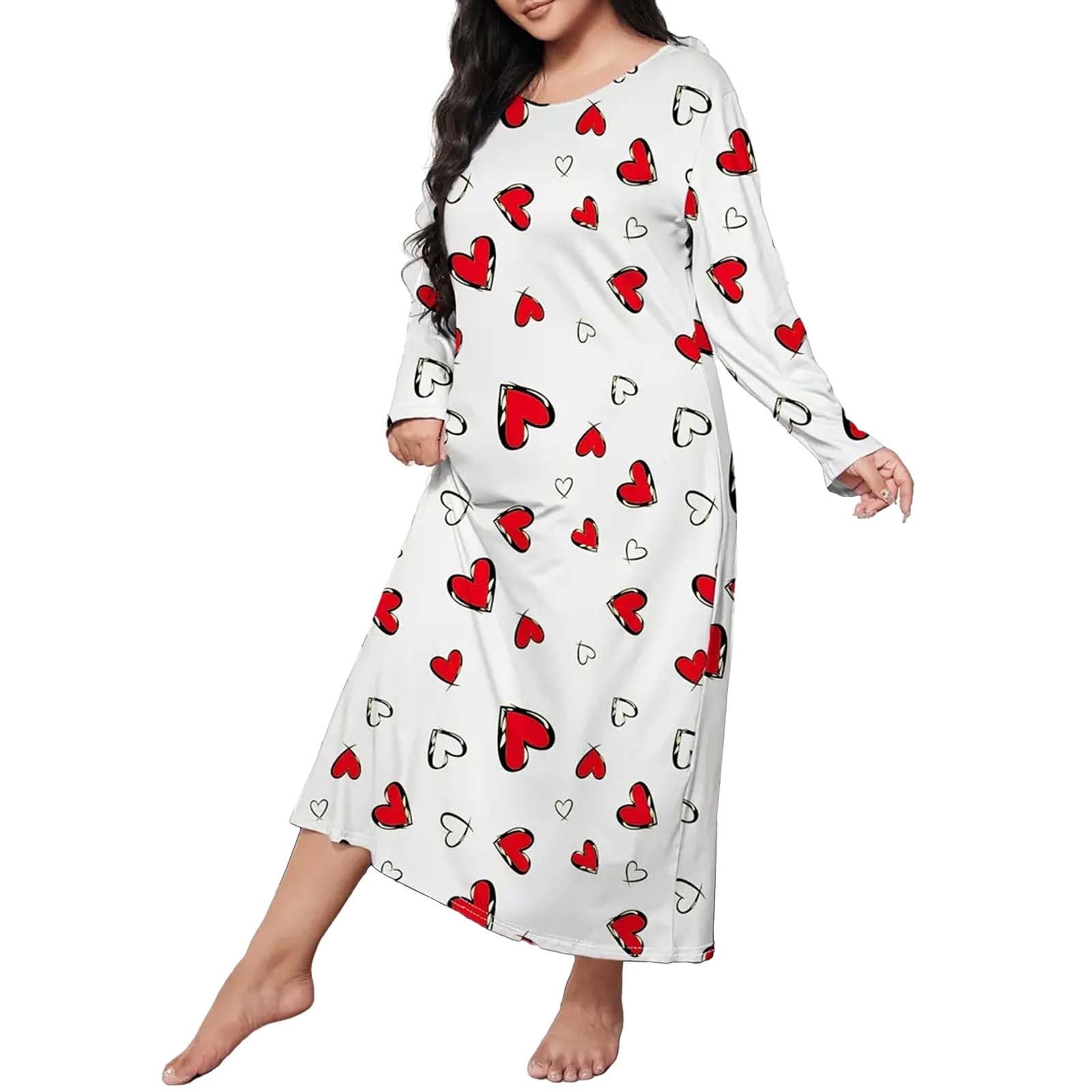 Plus Size Women's Nightgown - Heart Print Long Sleeve Sleep Dress for Comfortable Nights