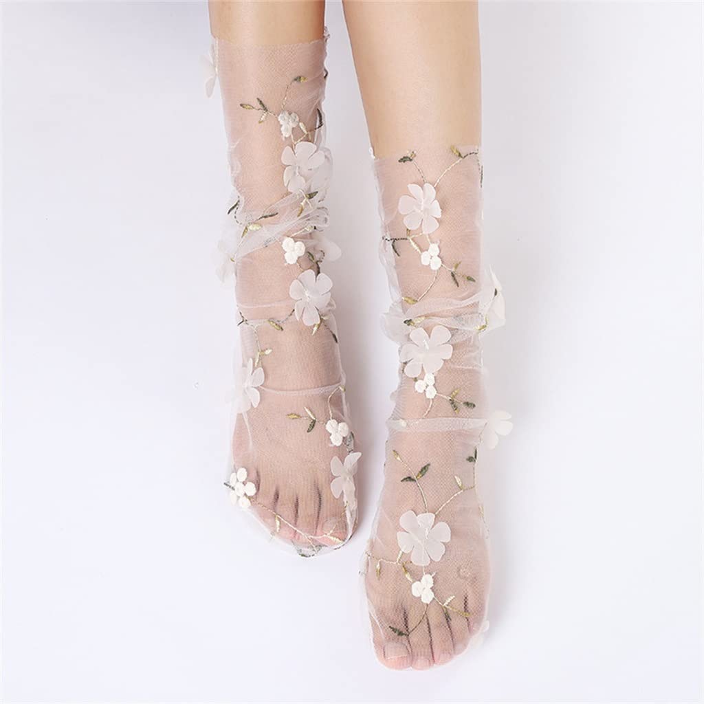 3 Pairs Floral Lace Socks for Women - Long Tulle Mesh Dress Socks, Sheer Chiffon Lace-Up Ankle Socks (One Size) - Perfect for Weddings, Parties & Vintage Fashion Outfits