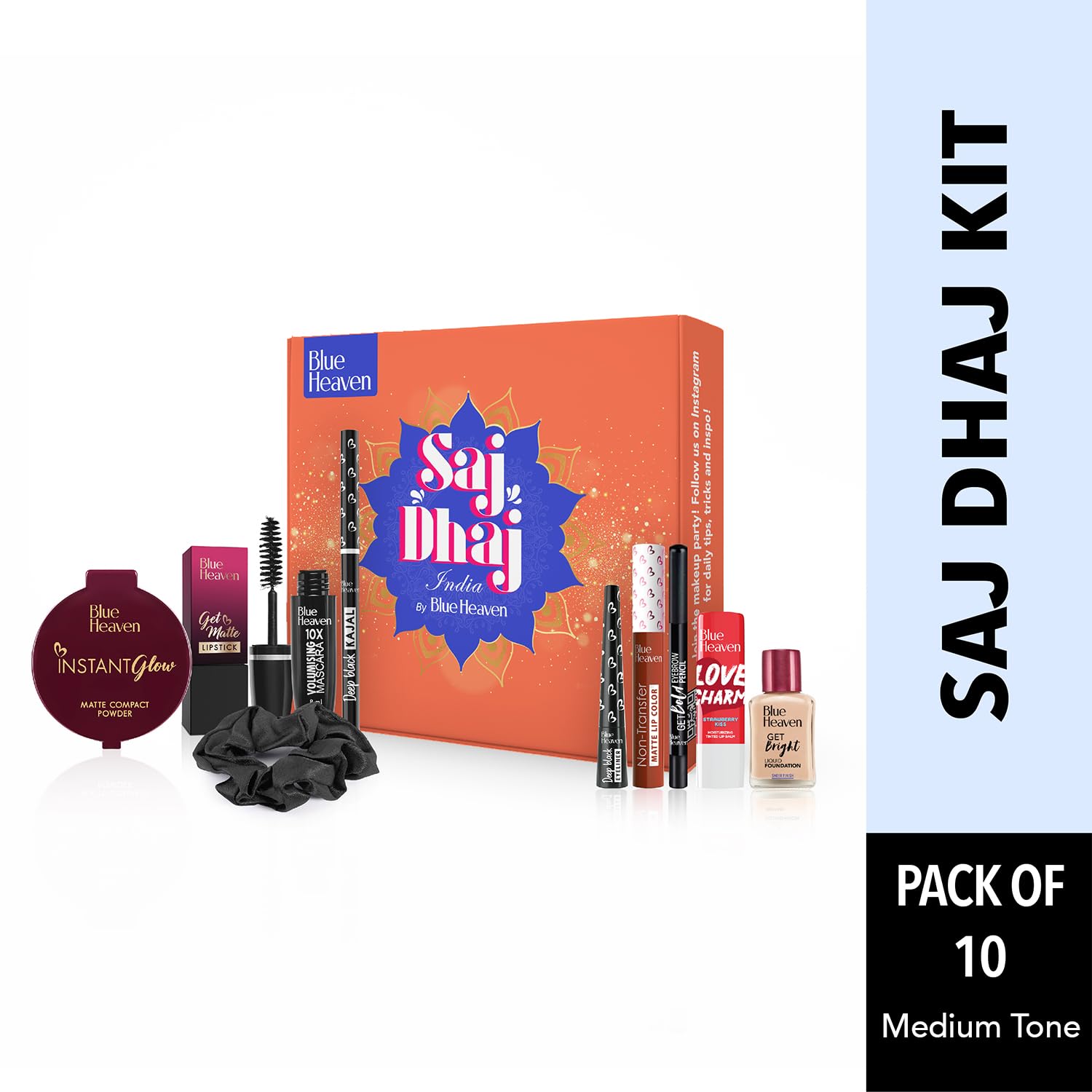 Blue Heaven Saj Dhaj Festive Makeup Kit for Women - Natural 10-Piece Set | Full Face Makeup Kit with Medium Tone Combo (19g+26.3ml) | Perfect for Diwali, Weddings & Special Occasions