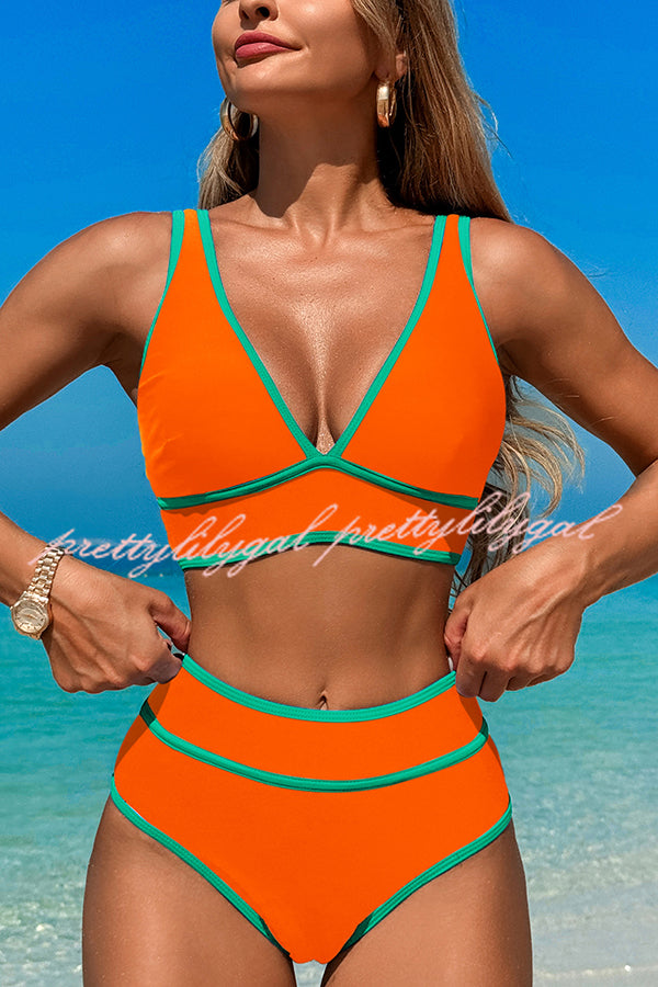 High Waist Solid Color Contrast Stretch Bikini Swimsuit - Sexy & Comfortable Swimwear for Beach, Pool & Summer Vacation
