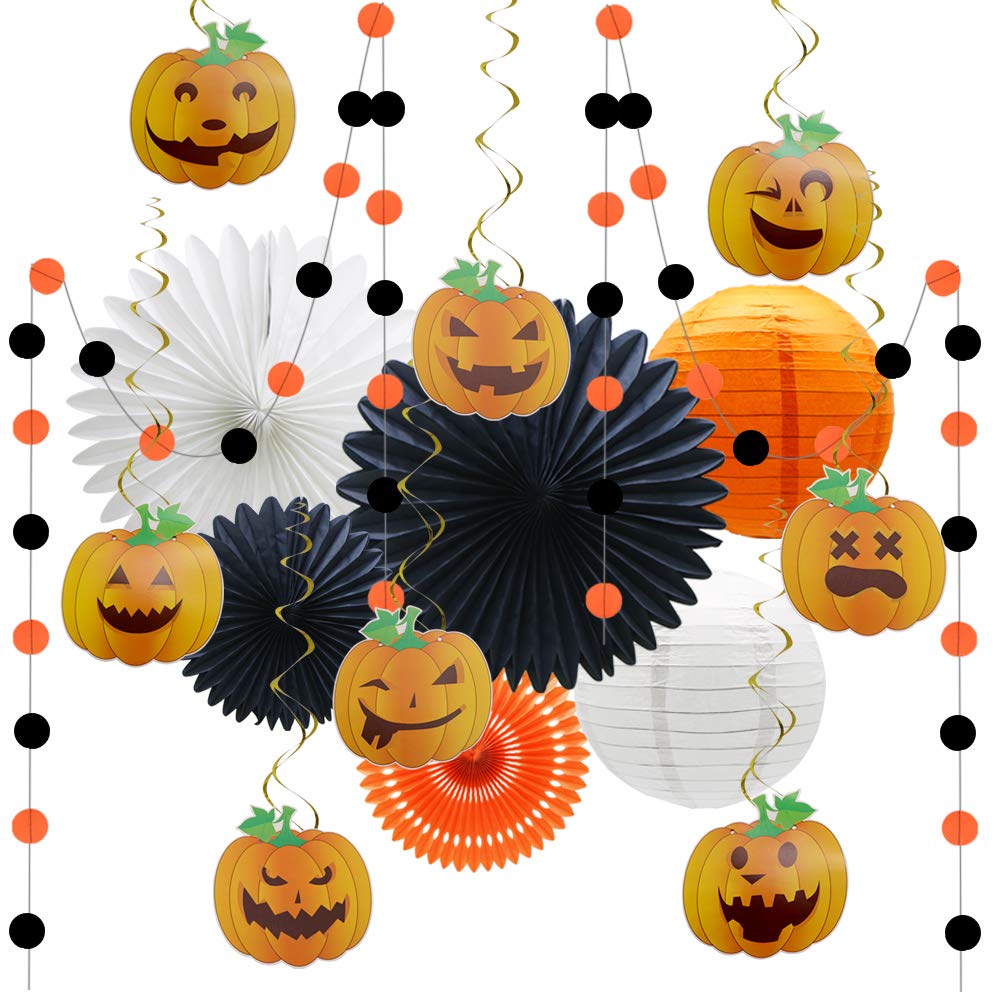 KAXIXI Halloween Party Decorations Set - 16Pcs Pumpkin Foil Swirls, Hanging Paper Fans & Lanterns for Indoor/Outdoor Halloween, Birthday, Wedding Decor - Perfect for Home, Office, and Event Party Decorating
