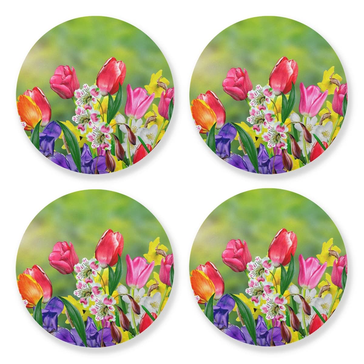 Absorbent Wooden Drink Coasters Set of 4 - Spring Floral Design with Daffodils & Tulips, Natural Wood Cup Mats with Cork Backing, 4 Inch Round for Coffee Table, Bar Decor - Perfect for Home, Office, and Party Use