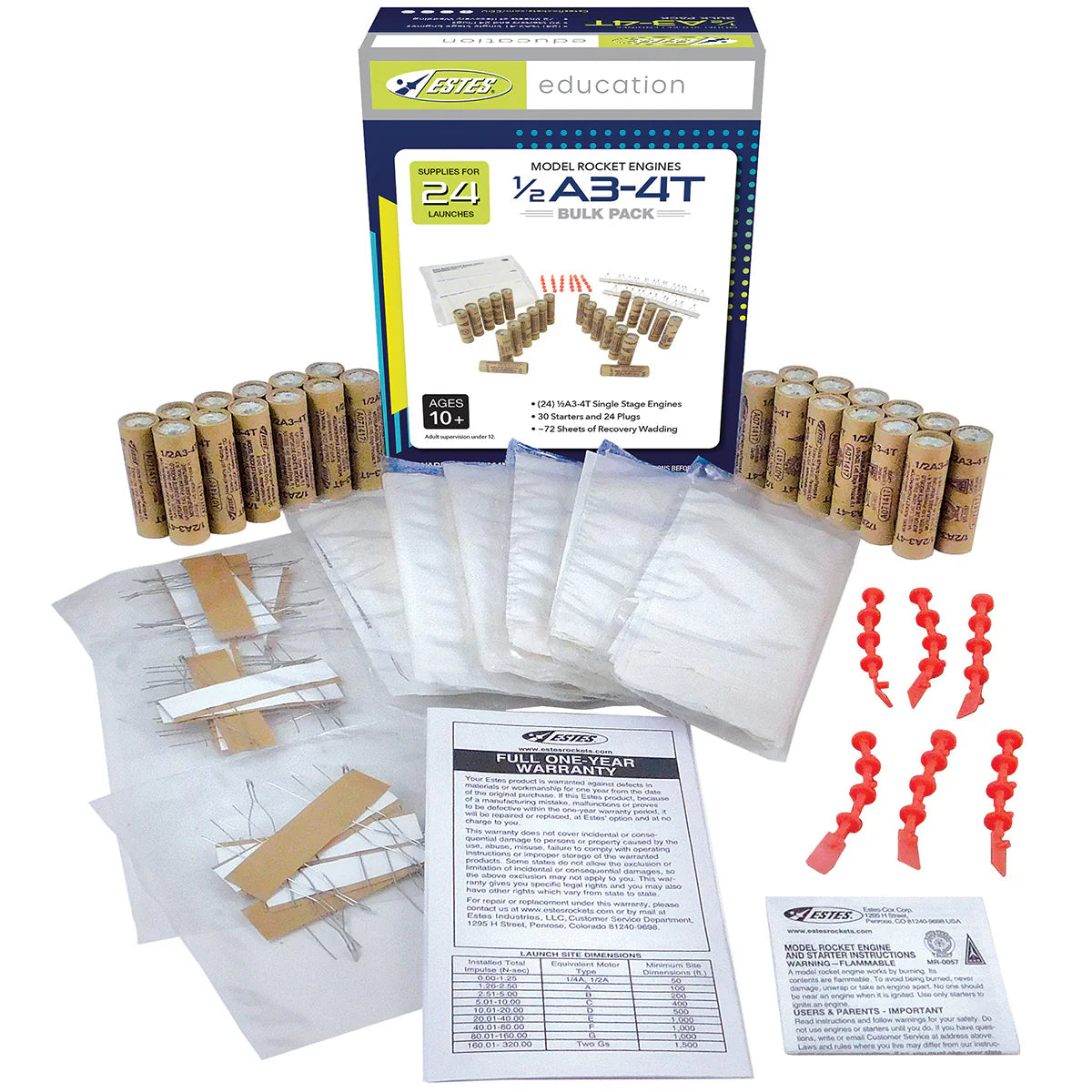 Estes 1/2A3-4T Mini Model Rocket Engines Bulk Pack - 24 Engines with Starters, Plugs & Recovery Wadding (1788) - Perfect for STEM Education, Science Projects & Outdoor Rocket Launching Activities