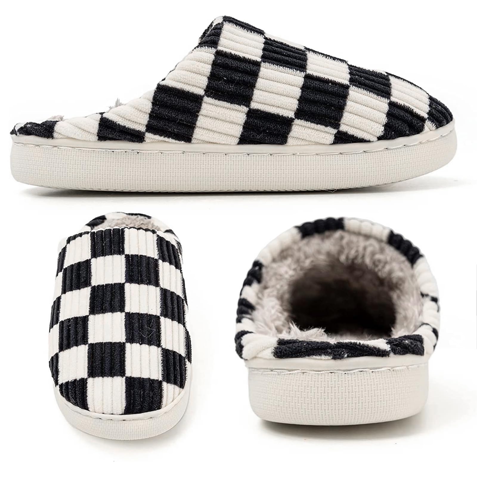 Women's & Men's Fuzzy Memory Foam House Slippers - Plush Faux Fur Lined Indoor/Outdoor Warm Checkered Scuff Slippers for Bedroom, Lounge & Winter Wear (Multiple Sizes) - Cozy Home Comfort & Gift Idea