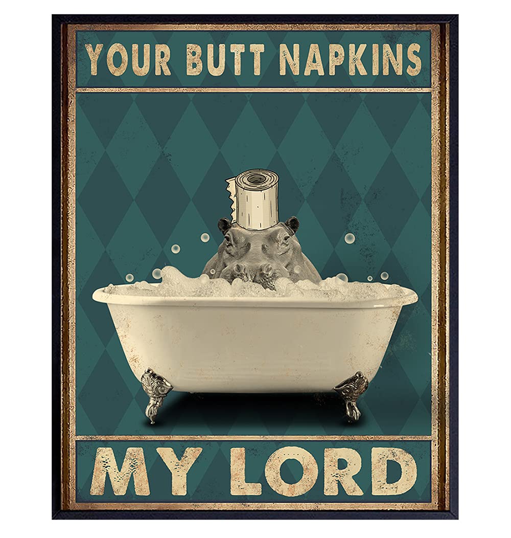 Funny Butt Napkins My Lord Bathroom Wall Art - Cute Modern Hippo Decor for Powder Room & Guest Bath - Unique Restroom Sign & Pictures - Perfect for Home, Office, or Gift