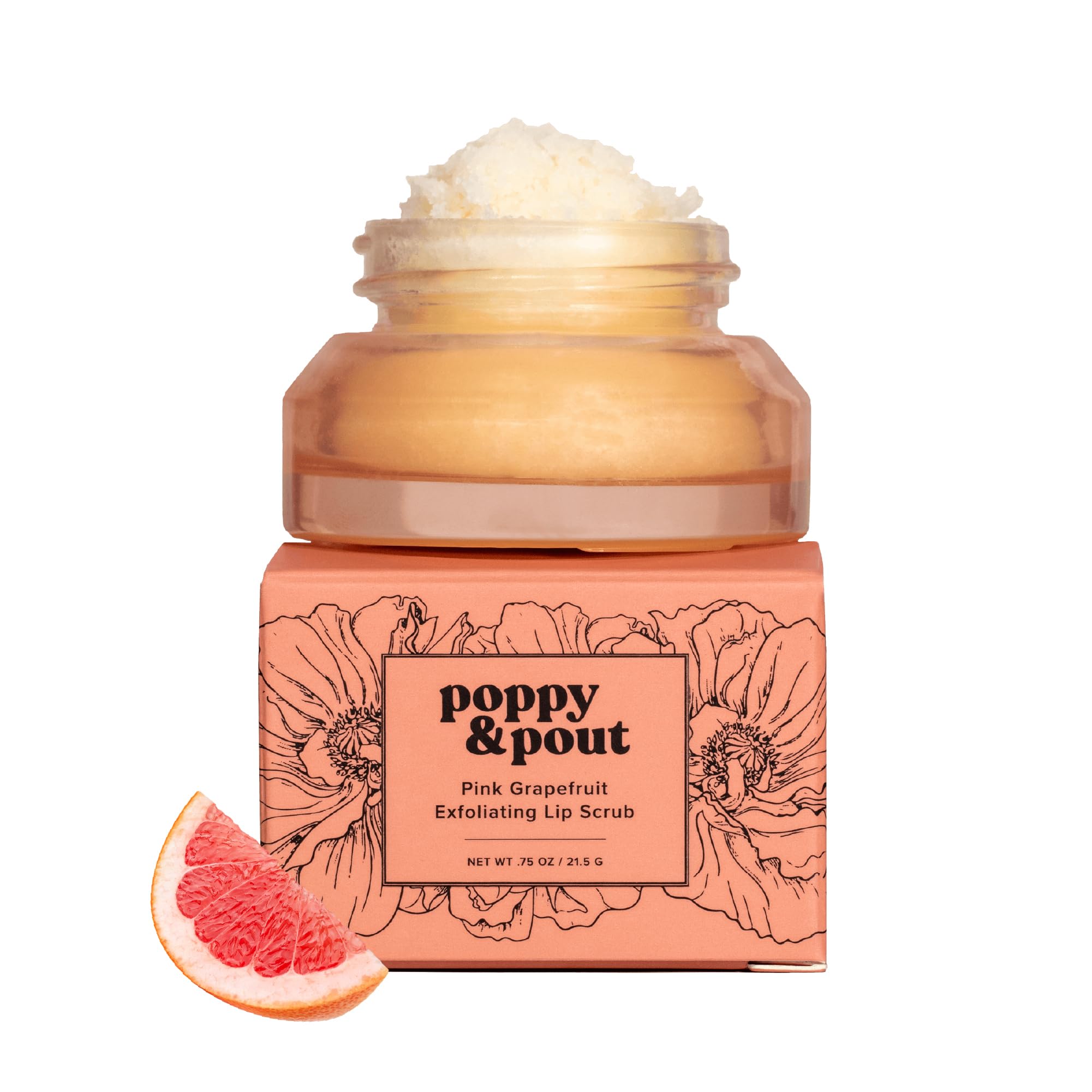 Poppy & Pout Natural Lip Scrub - Moisturizing Sugar Scrub for Dry Lips with Essential Oils | Exfoliates & Hydrates | Cruelty-Free in Recyclable Glass Jar | Pink Grapefruit Scent | Perfect for Winter Care & Pre-Lipstick Prep