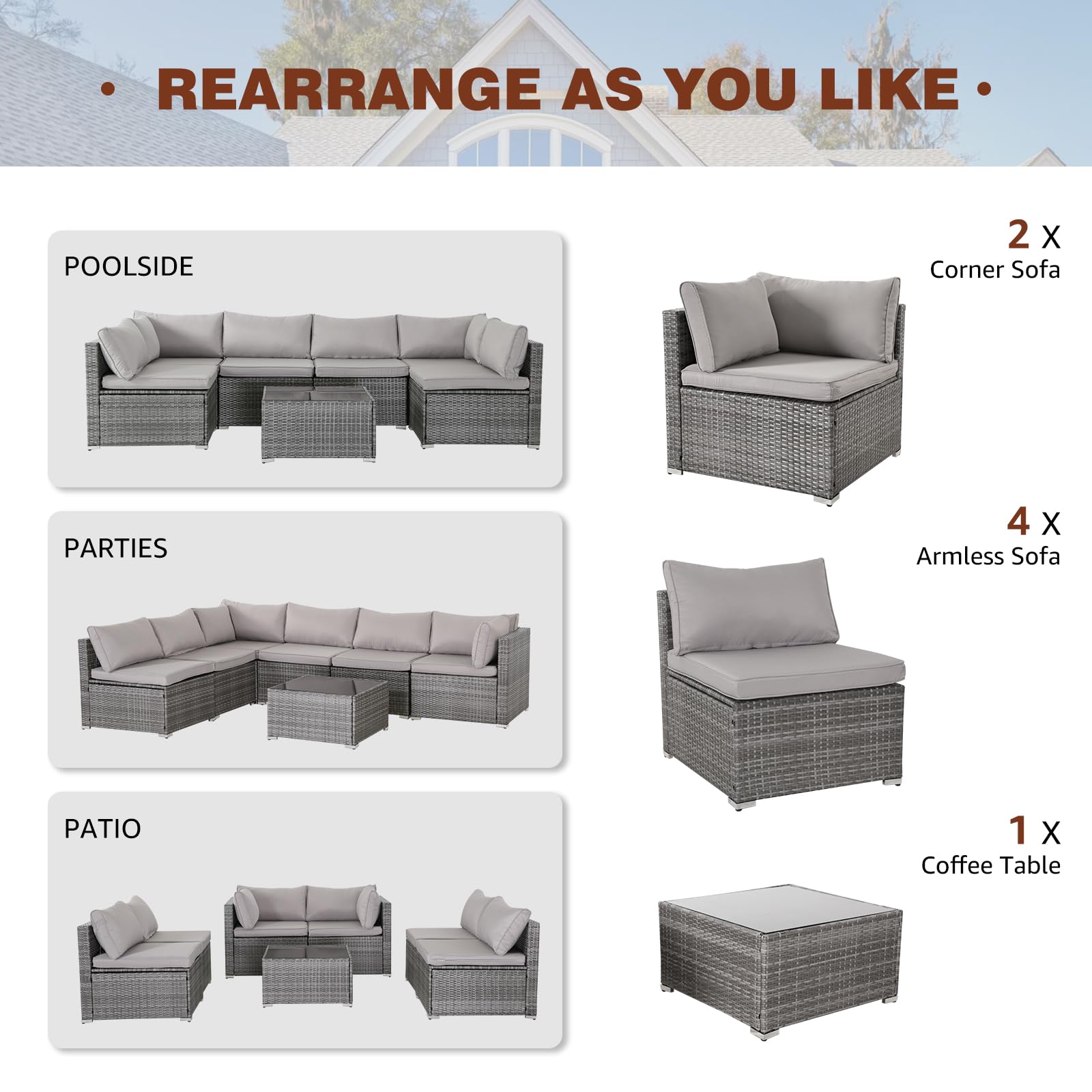 7-Piece Modular Patio Furniture Set - PE Rattan Wicker Outdoor Sectional Sofa with Thickened Cushions & Coffee Table (Gray Wicker/Gray Cushion) - Perfect for Backyard, Garden, Poolside & Outdoor Entertaining