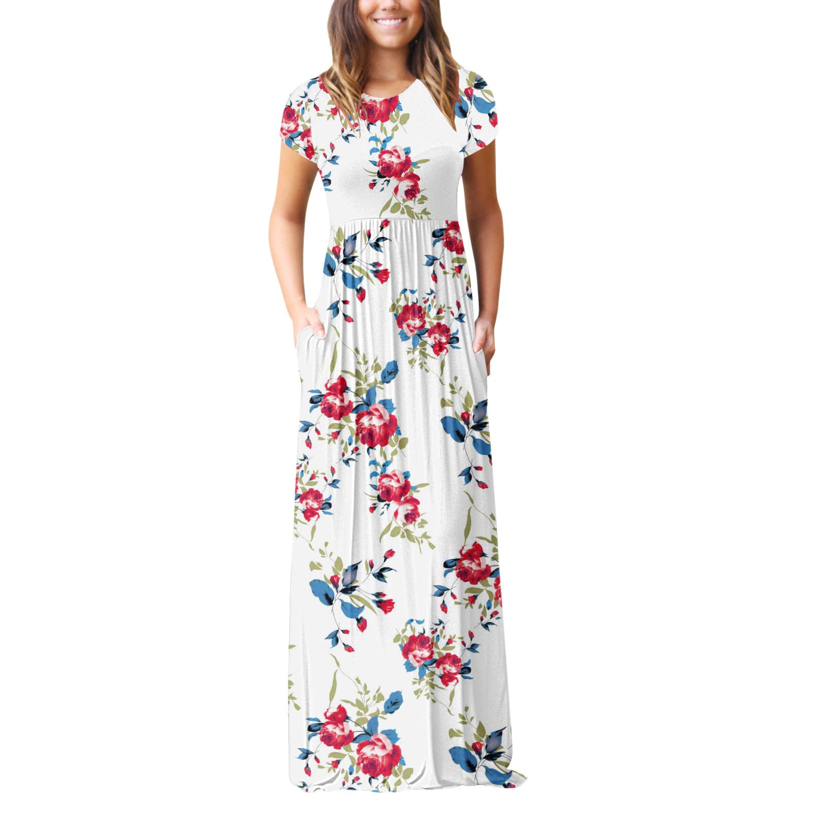 Women's Floral Print Midi Dress with Short Sleeves & Pockets - Wedding Guest, Beach Casual, and Everyday Wear