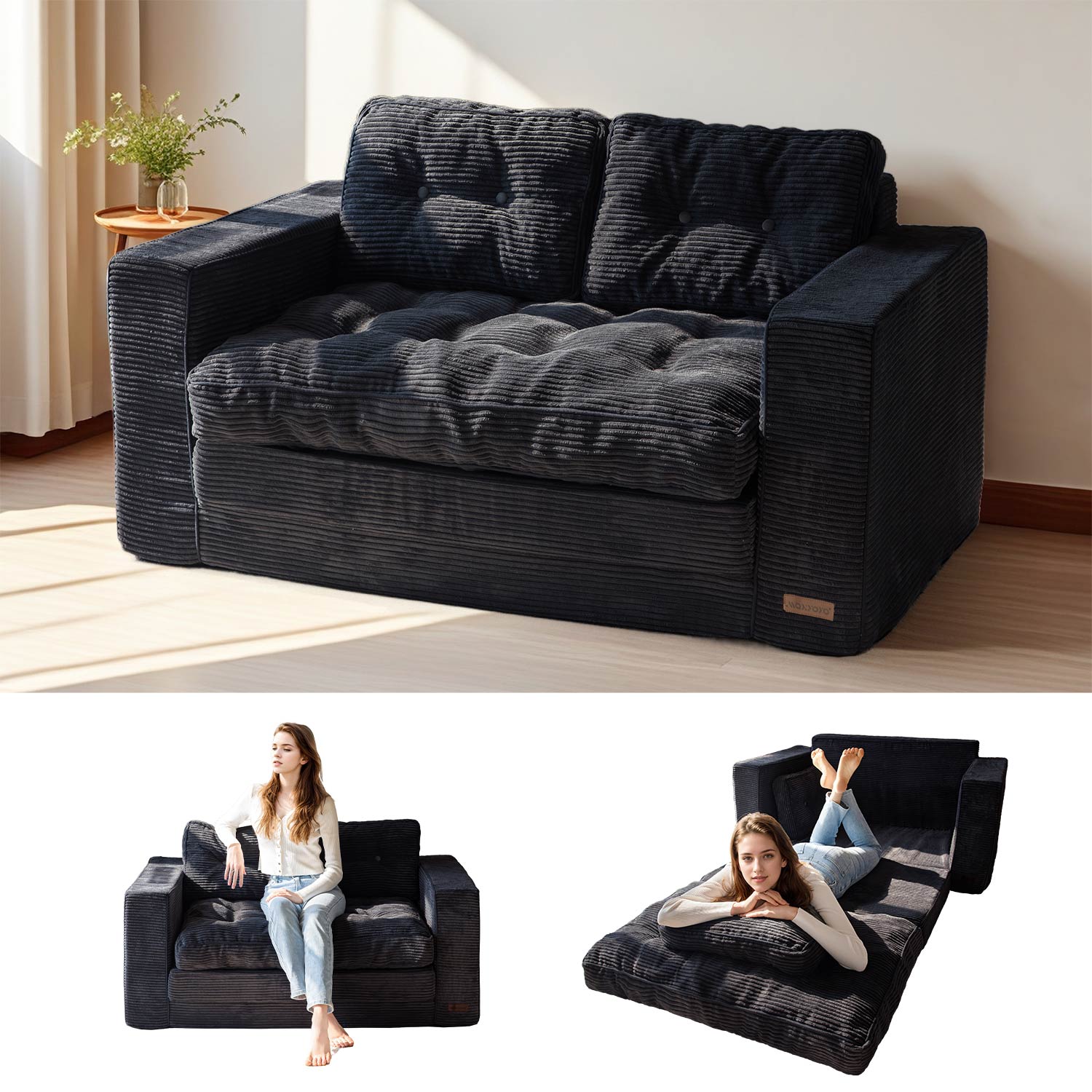 MAXYOYO Convertible Sofa Bed - Corduroy Floor Sofa with Pillows in Black | Multi-Functional Guest Bed & Lounge Chair for Small Spaces, Living Room & Studio Apartments