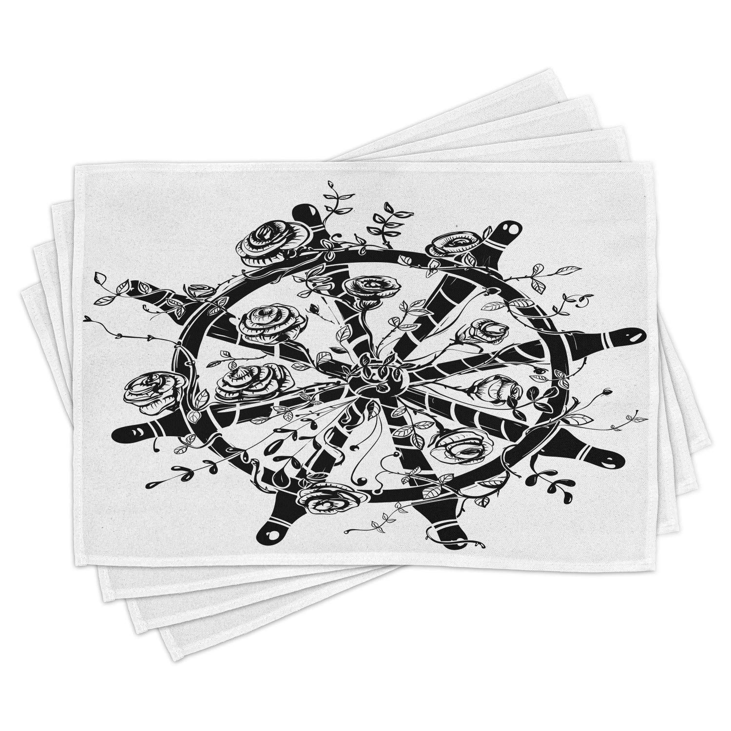 Lunarable Nautical Place Mats Set of 4 - Vintage Steering Wheel & Roses Sailing Ship Design Washable Fabric Placemats for Dining Table & Kitchen Decor in Black & White | Perfect for Coastal Themed Dinner Parties & Beach House Decor