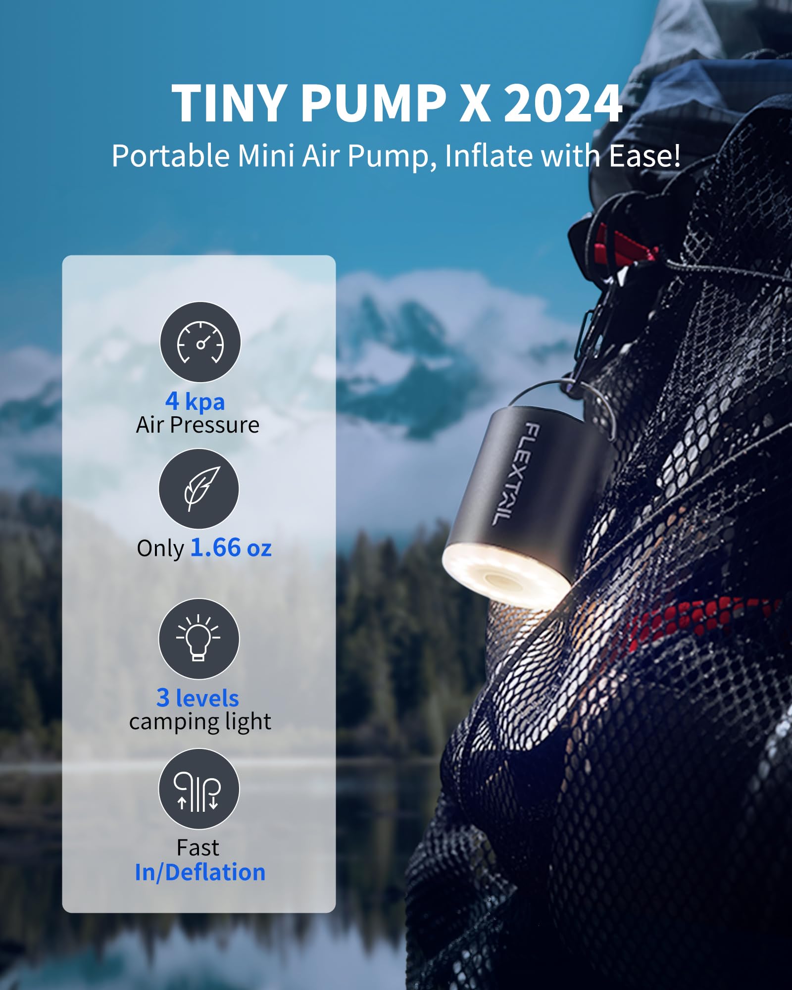 Portable Air Pump for Inflatables with Built-in Camping Light - 1.6oz 4kPa Rechargeable Electric Pump for Air Mattress, Pool Floats, Swimming Rings & Vacuum Storage Bags | Perfect for Camping, Travel, Beach & Home Use