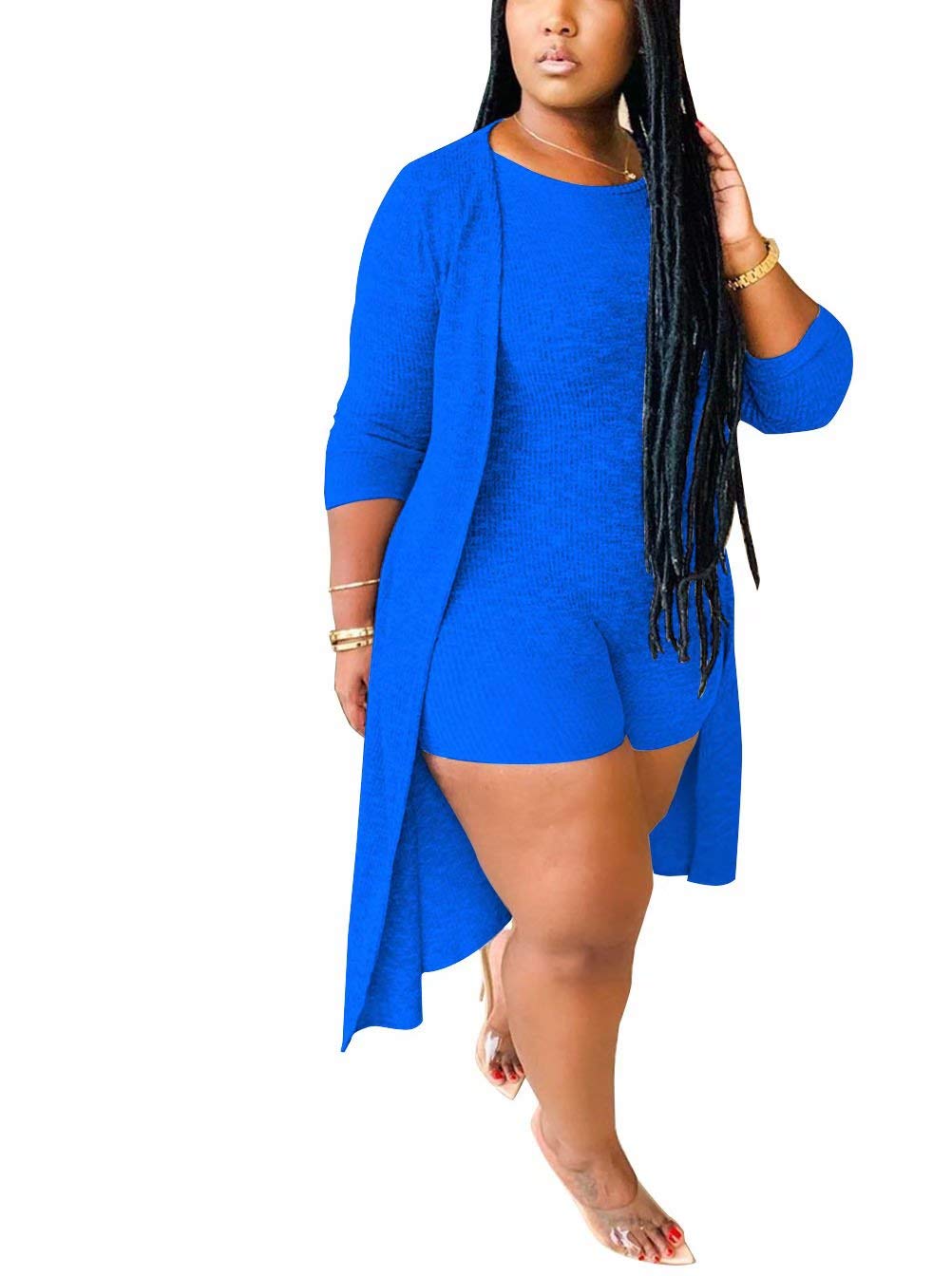 Women's 2-Piece Casual Outfit Set - Long Kimono Cardigan Cover Up with Shorts Jumpsuit | Fall & Winter Activewear for Workout, Lounge & Street Style Fashion