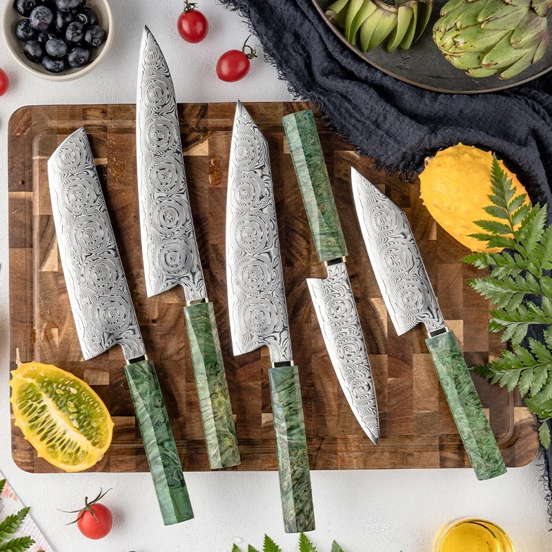 Premium 5-Piece Japanese Damascus Steel Knife Set - VG-10 Core, 67-Layer Mosaic Pattern & Exotic Maple Burl Wood Handle - Professional Chef Knives for Sushi, Meat Cutting & Kitchen Prep