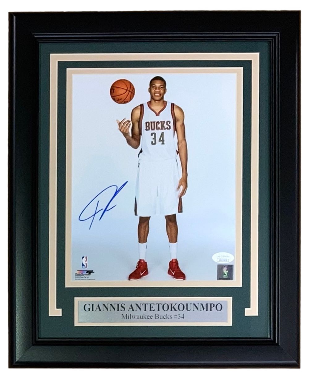 Giannis Antetokounmpo Autographed 8x10 Framed Photo - Milwaukee Bucks White Jersey - JSA Certified - Perfect for Sports Memorabilia Collections & Man Cave Decor