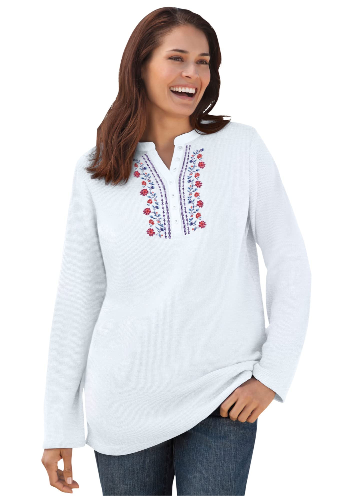 Women's Plus Size Embroidered Thermal Waffle Henley Long Sleeve Shirt - Warm Winter Layering Top for Cold Weather & Outdoor Activities