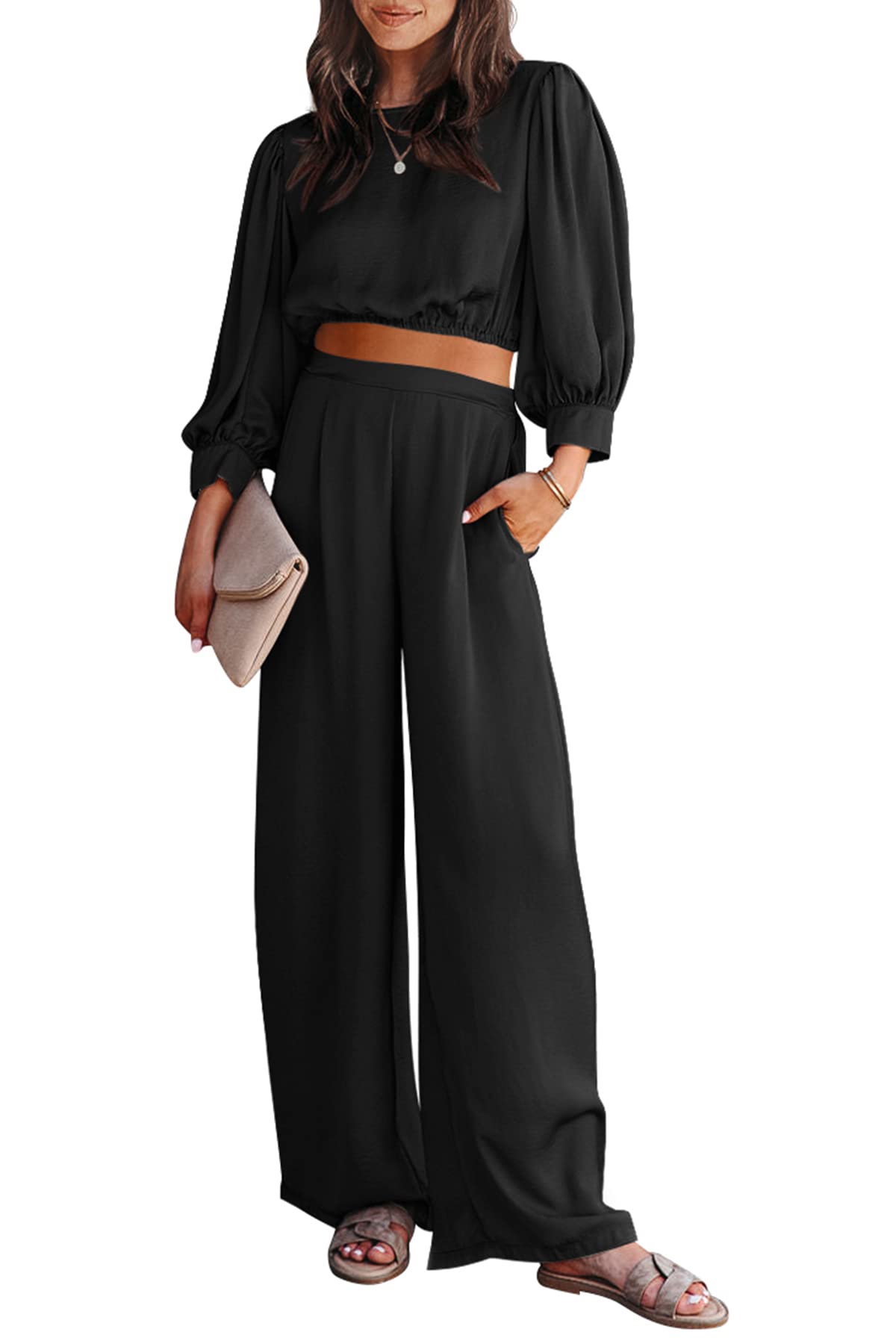 PRETTYGARDEN Women's 2-Piece Satin Lounge Set - Puff Sleeve Crop Top & Flowy Palazzo Pants | Comfortable Outfit for Home, Vacation & Casual Wear | Trendy Matching Set for Women