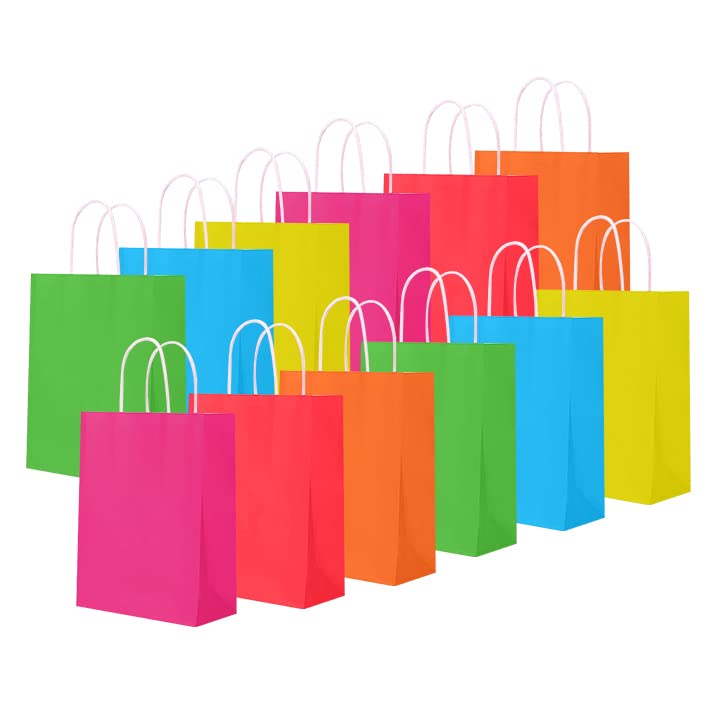 Vibrant Rainbow Gift Bags - 12 Pack Kraft Paper Party Favor Bags with Handles (5