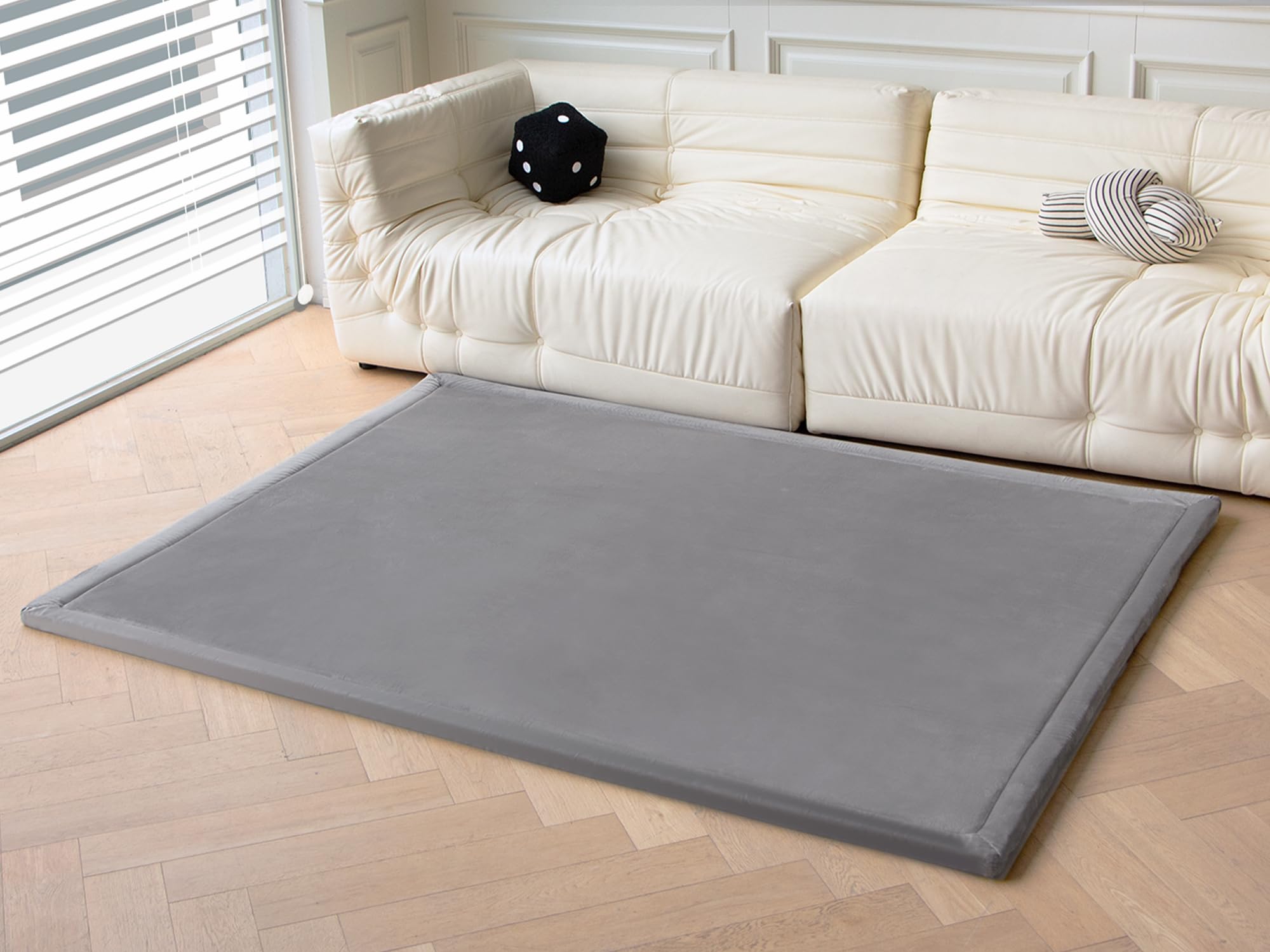 Premium 1.25 Inch Thick Coral Velvet Baby Play Mat - Non-Slip Japanese Tatami Style Rug for Nursery, Living Room & Playroom - Large Solid Color Floor Mat (59