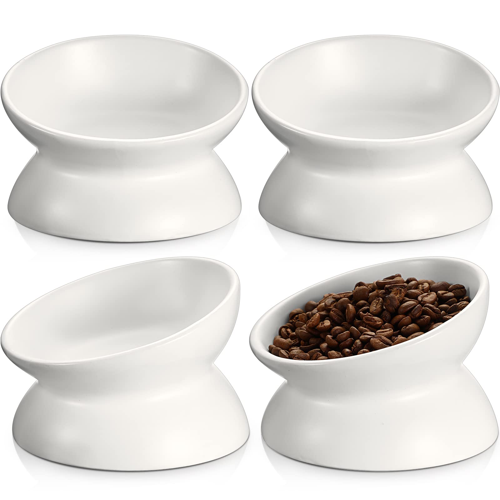 4 Pcs Ceramic Raised Cat Food Bowls - Elevated Tilted Cat Dishes for Whisker Fatigue Relief & Backflow Prevention - Dishwasher & Microwave Safe Pet Food & Water Bowls Set (White) - Perfect for Comfortable Feeding & Healthy Posture