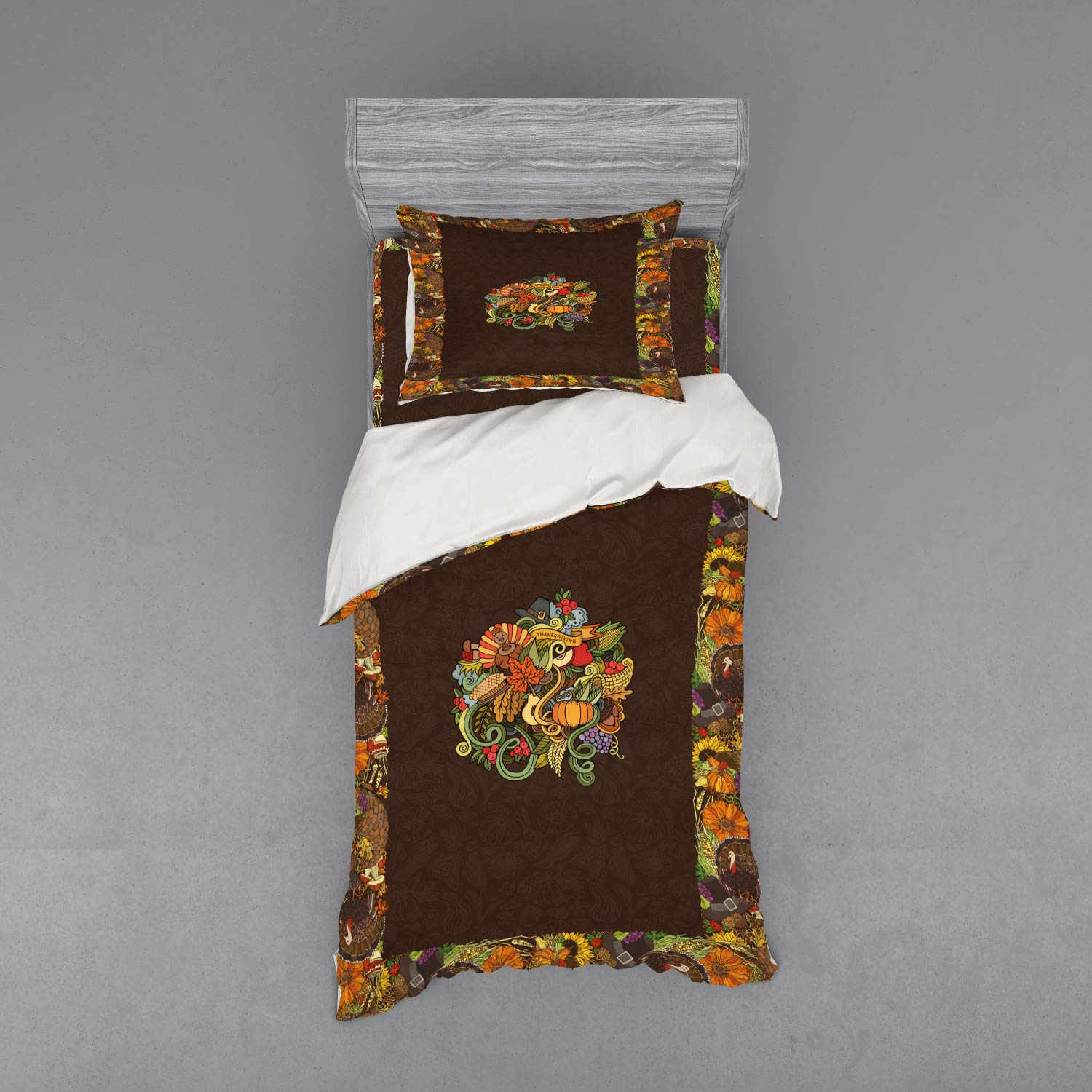Ambesonne Thanksgiving Duvet Cover Set - 3 Piece Bedding with Sham & Fitted Sheet, Twin XL Size, Colorful Fall Harvest Design with Wreath, Turkey, Pumpkin & Sunflower Motifs | Perfect for Autumn Decor, Holiday Guest Rooms & Cozy Seasonal Bedrooms