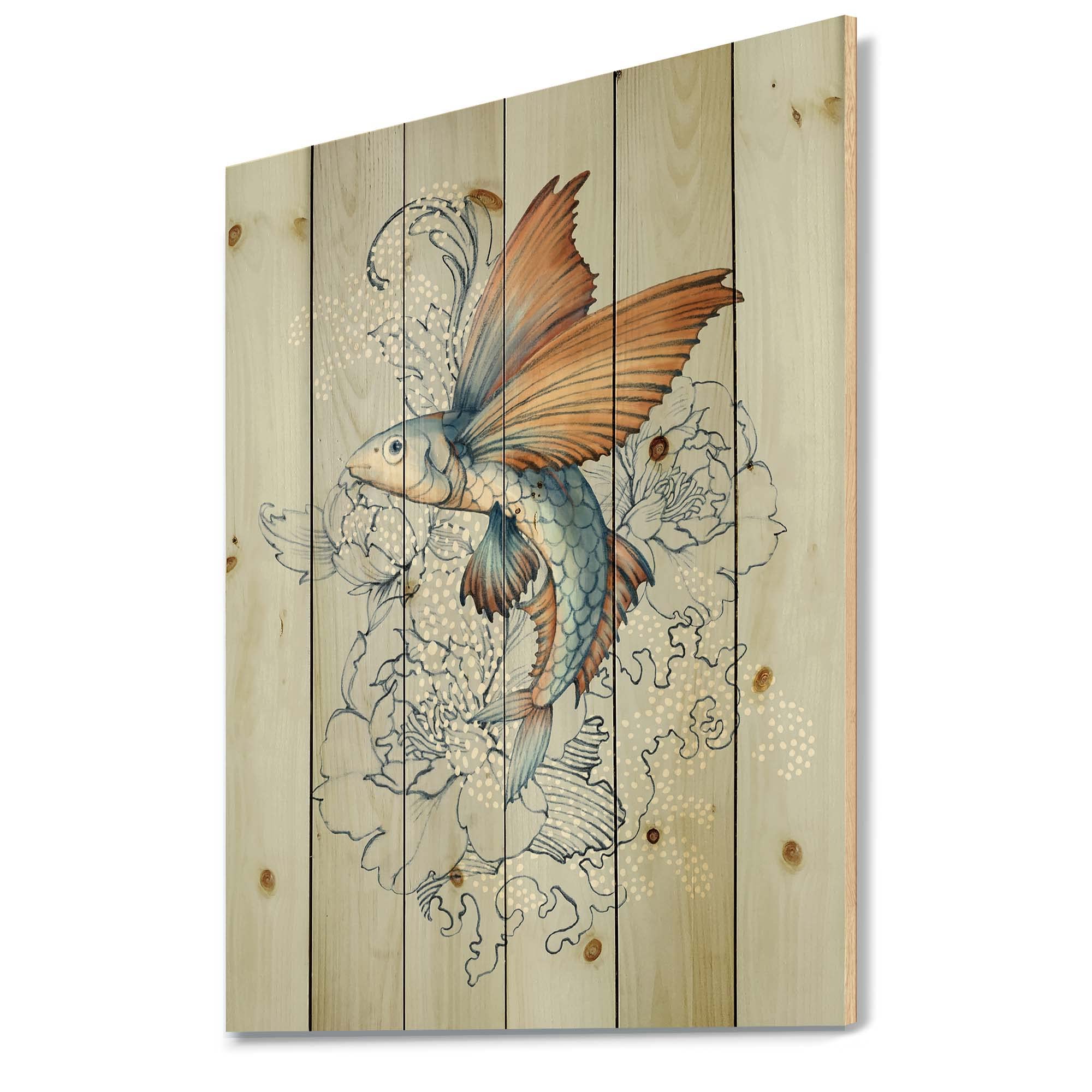 DesignQ Flying Fish On Peonies Traditional Blue Wood Wall Art - Handcrafted Pine Wood Wall Decor with Large Animal Prints - Perfect for Living Room, Bedroom & Office Decoration
