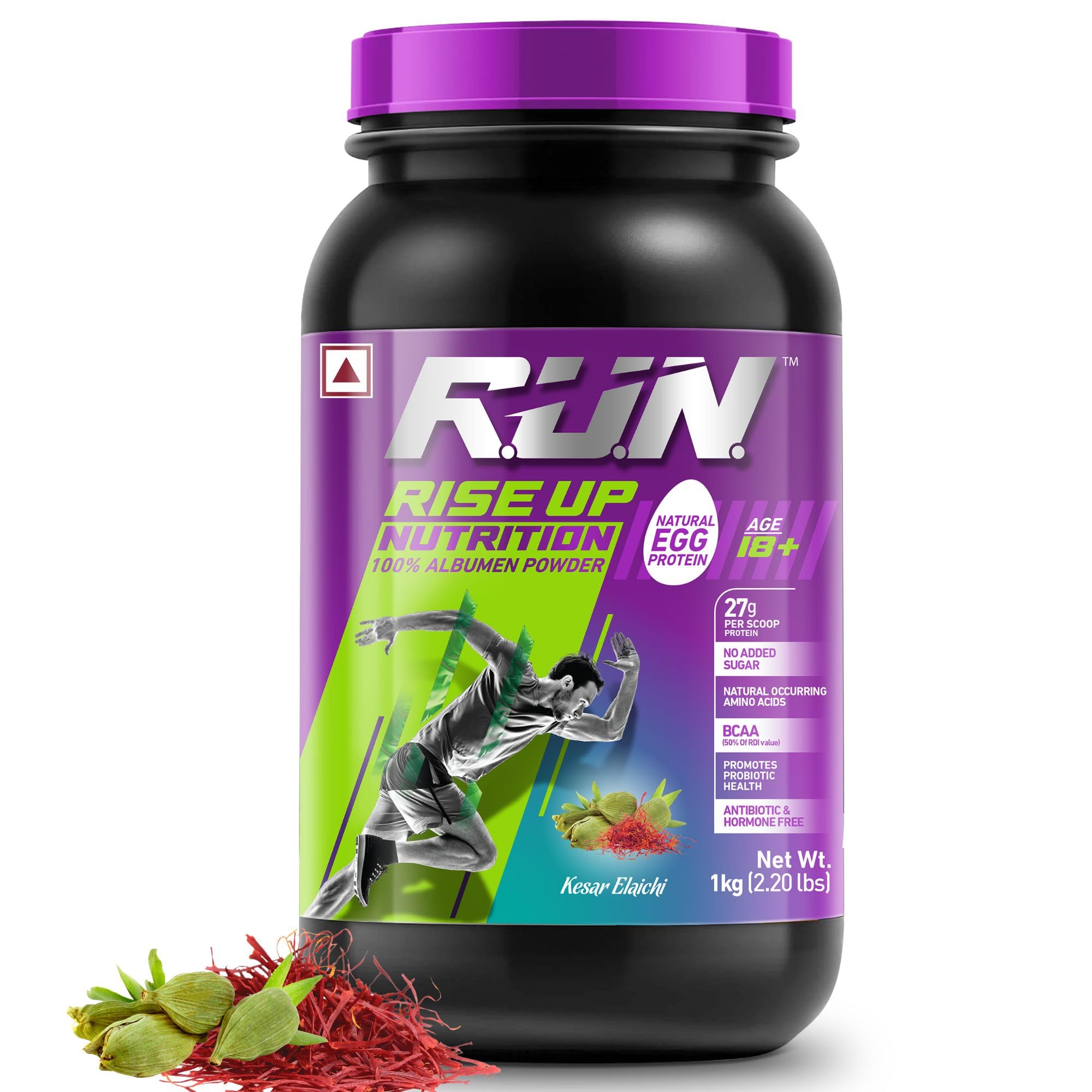R.U.N-RISE UP NUTRITION Egg White Protein Powder - 27g Protein & 14g EAA per Serving | Lactose, Soy & Gluten Free | Supports Immunity & Muscle Recovery | Ideal for Athletes, Gym & Fitness Enthusiasts | Kesar Elaichi Flavor - 1kg | Perfect for Post-Workout Shakes & Healthy Smoothies