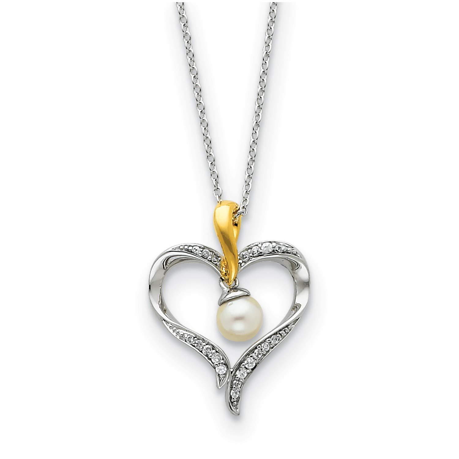Freshwater Cultured Pearl & CZ Heart and Soul Pendant Necklace - Gold Plated & Rhodium Plated Sterling Silver, 18