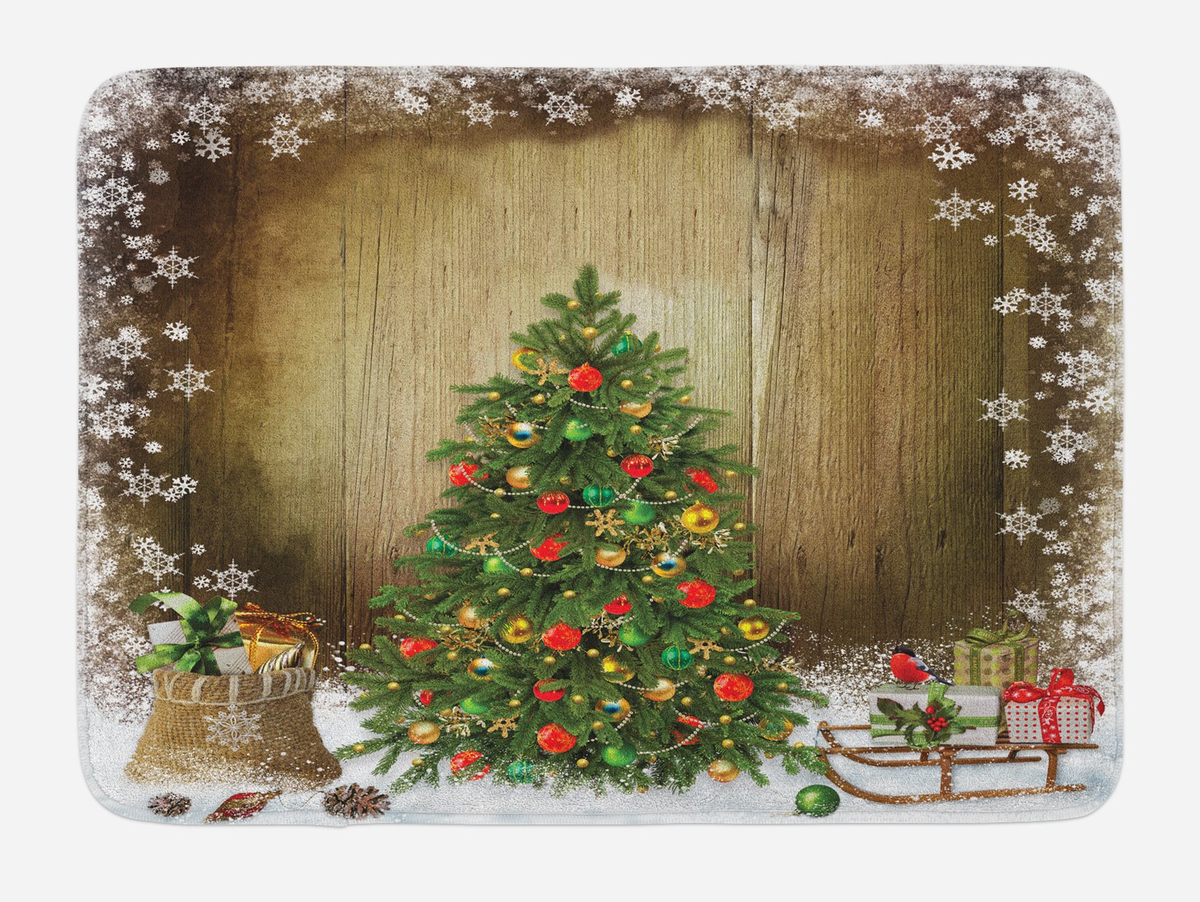 Ambesonne Christmas Bath Mat - Non-Slip Plush Pine Tree Design with Present Boxes on Snowy Board, Countryside Xmas Theme, 30.2