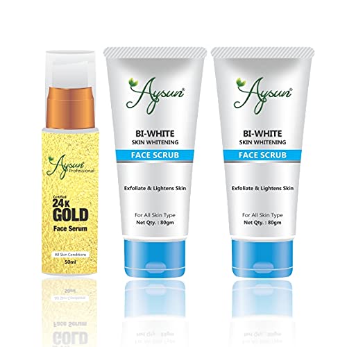 24K Gold Face Serum & BI-White Face Scrub Combo Pack of 3 - Anti-Aging & Brightening Skincare Set for Glowing Skin - Perfect for Daily Routine & Night Care