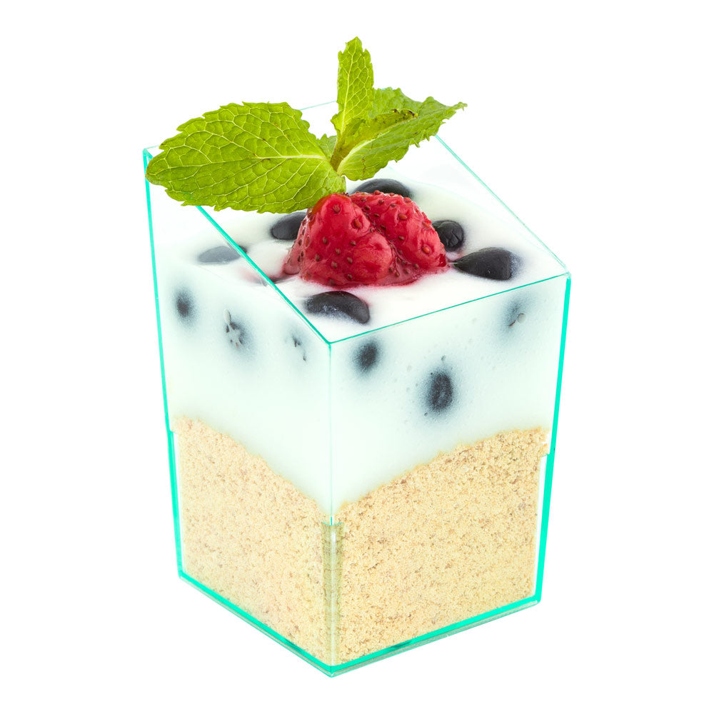100 Pack 3 oz Square Seagreen Plastic Incline Cups with 100 Silver Mini Forks - Perfect for Party, Wedding, Baby Shower & Outdoor Events