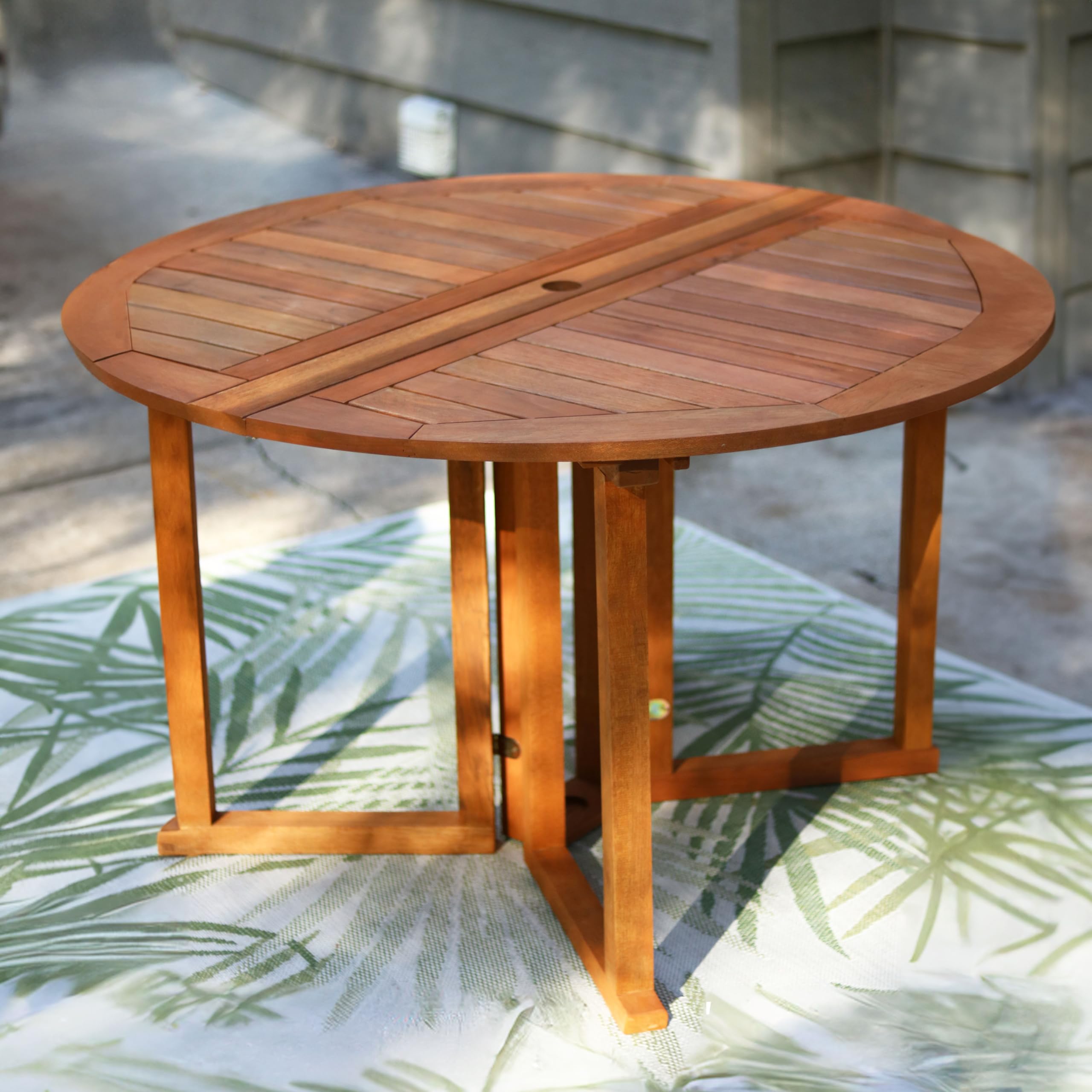 Sunnydaze Malaysian Hardwood Folding Gateleg Patio Dining Table with Teak Oil Finish - 4-Person Round Outdoor Table - Space-Saving Design (47.25” Diameter x 29