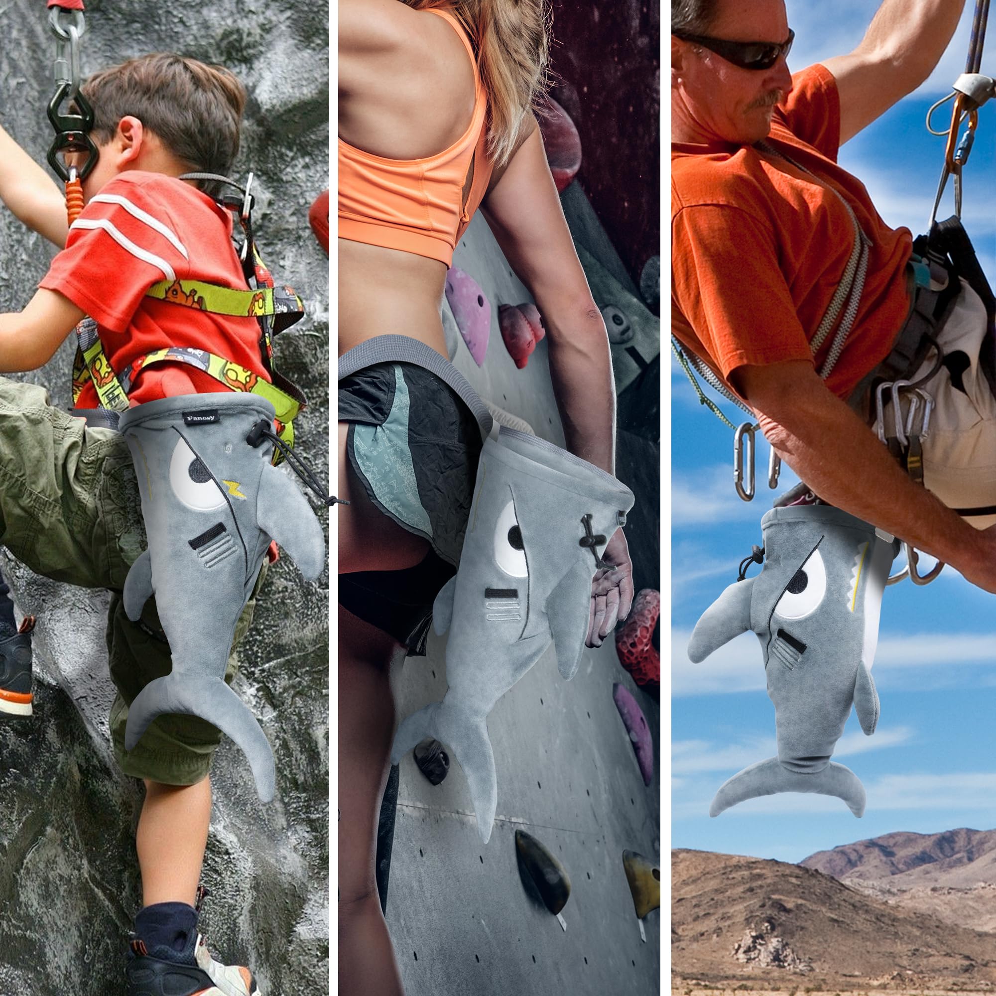 Shark Chalk Bag for Rock Climbing - Animal Adventure Edition | Chalk Pouch for Gym Training & Bouldering | Perfect Sports Gift for Adults, Kids & Teens (Gray) | Ideal for Indoor Climbing Gyms & Outdoor Adventures