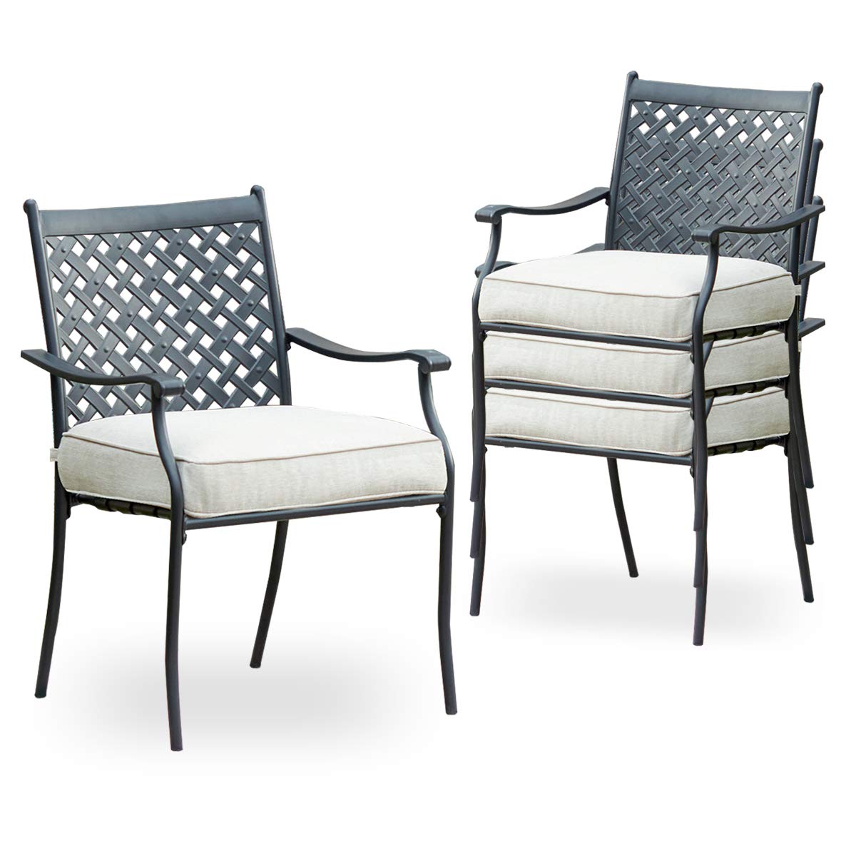 4-Piece Metal Outdoor Wrought Iron Patio Dining Chairs Set with Arms & Cushions (White) - Durable Garden Furniture for Backyard, Poolside & Restaurant Seating